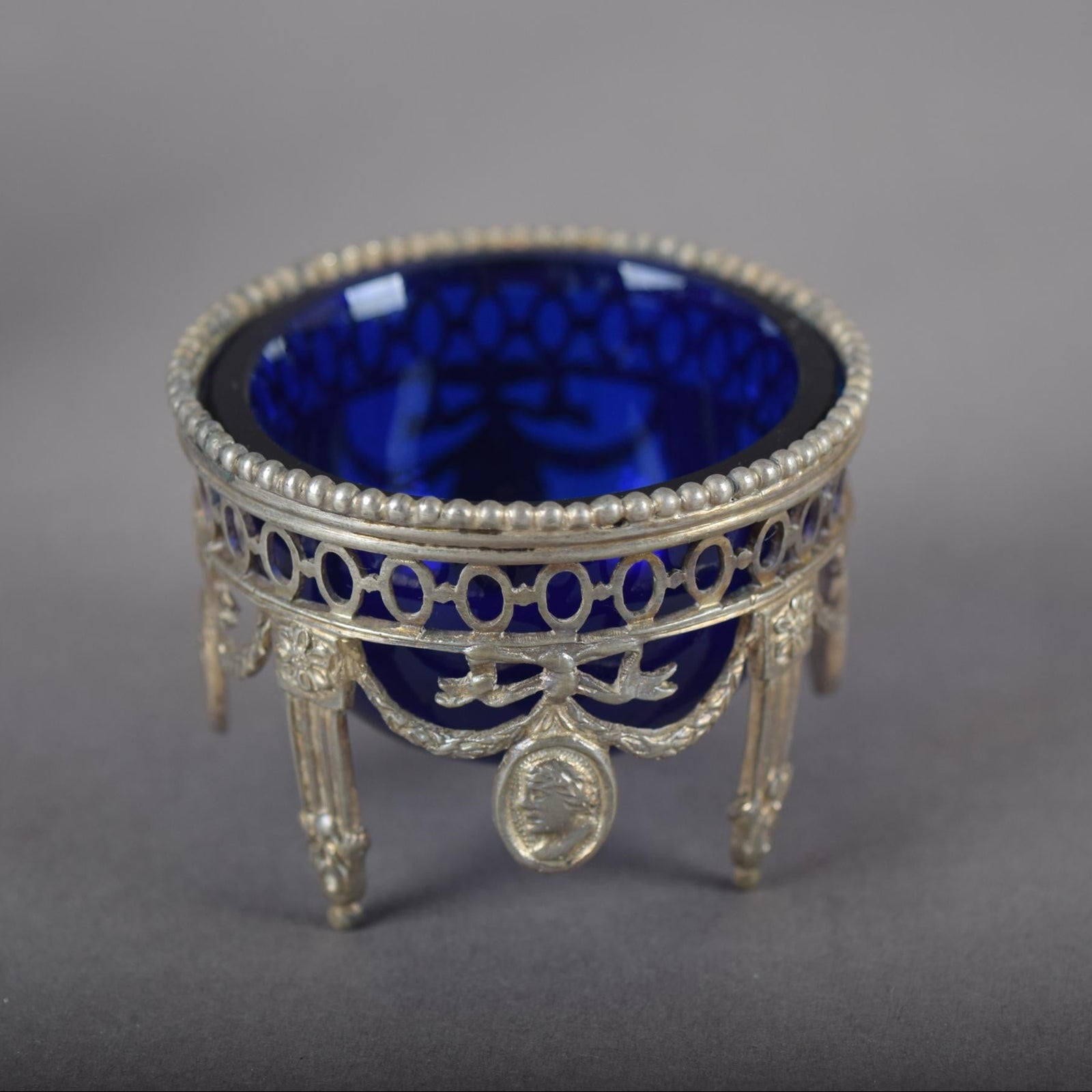 Antique Silver-Mounted Cobalt Glass Condiment Set, Louis XVI Style — French, Circa 1900, 7 Pieces
