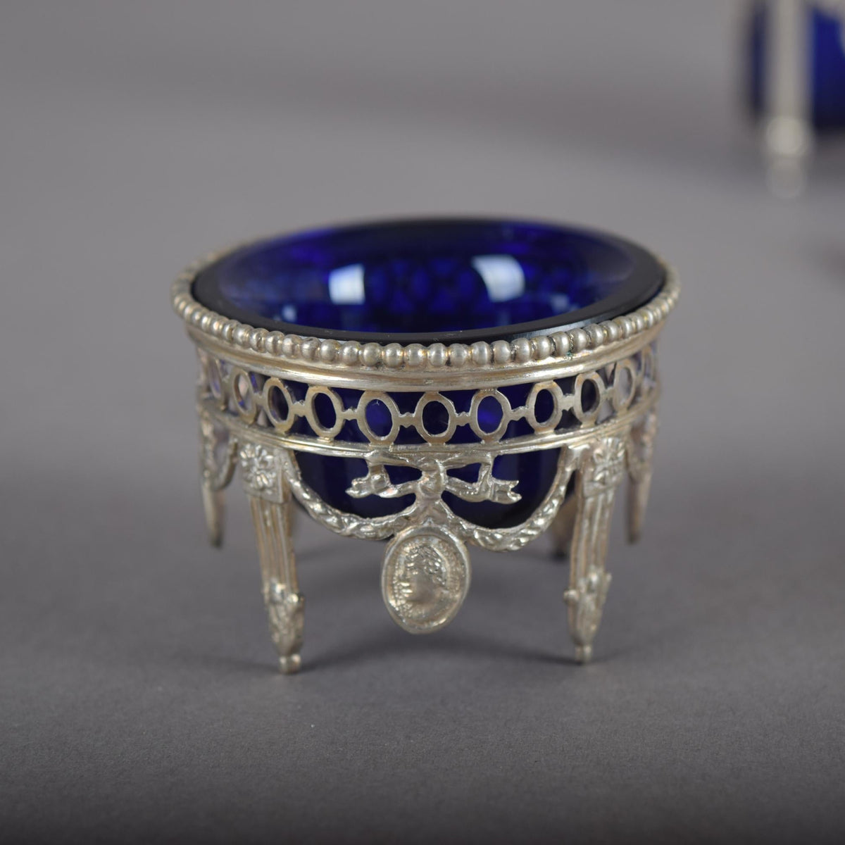 Antique Silver-Mounted Cobalt Glass Condiment Set, Louis XVI Style — French, Circa 1900, 7 Pieces