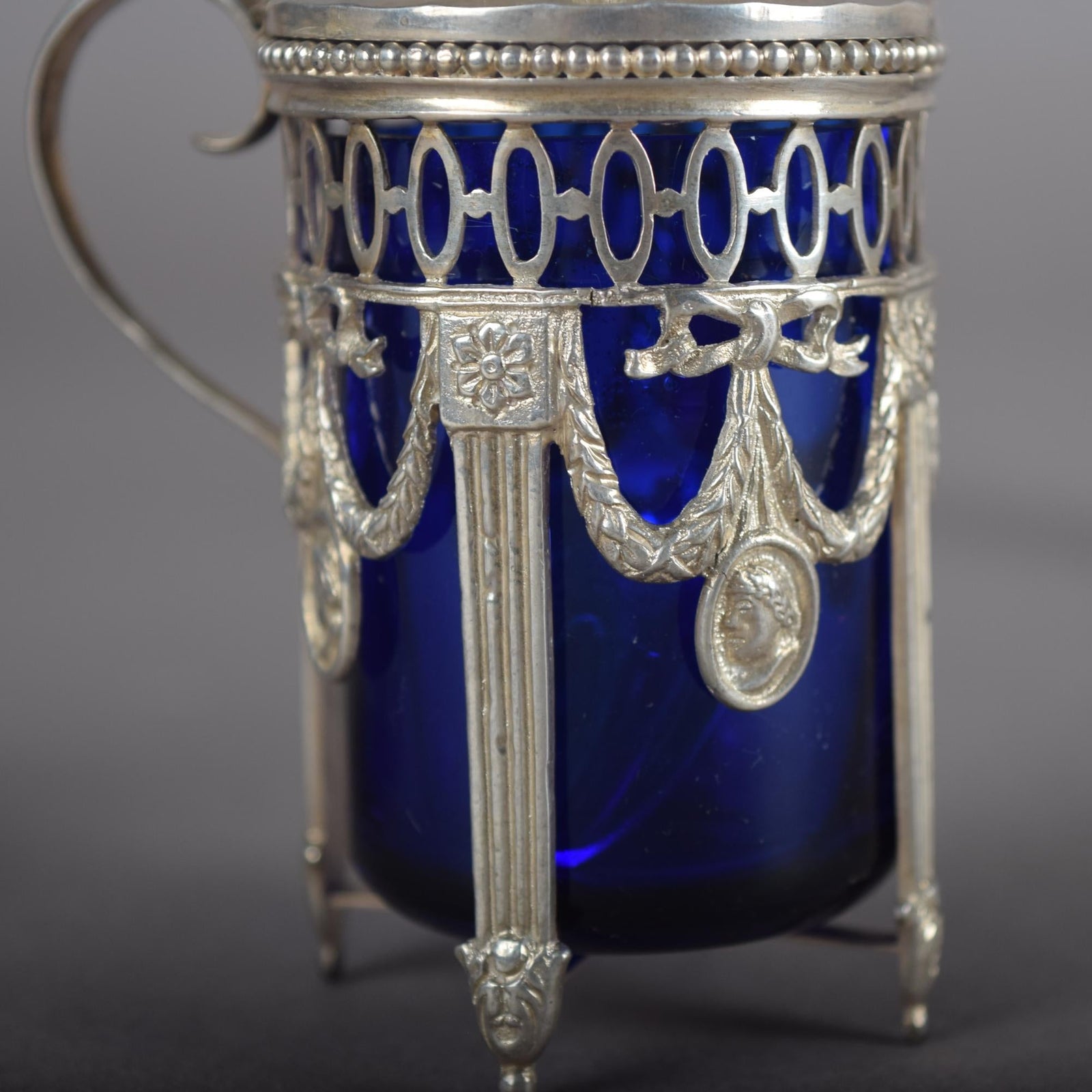 Antique Silver-Mounted Cobalt Glass Condiment Set, Louis XVI Style — French, Circa 1900, 7 Pieces
