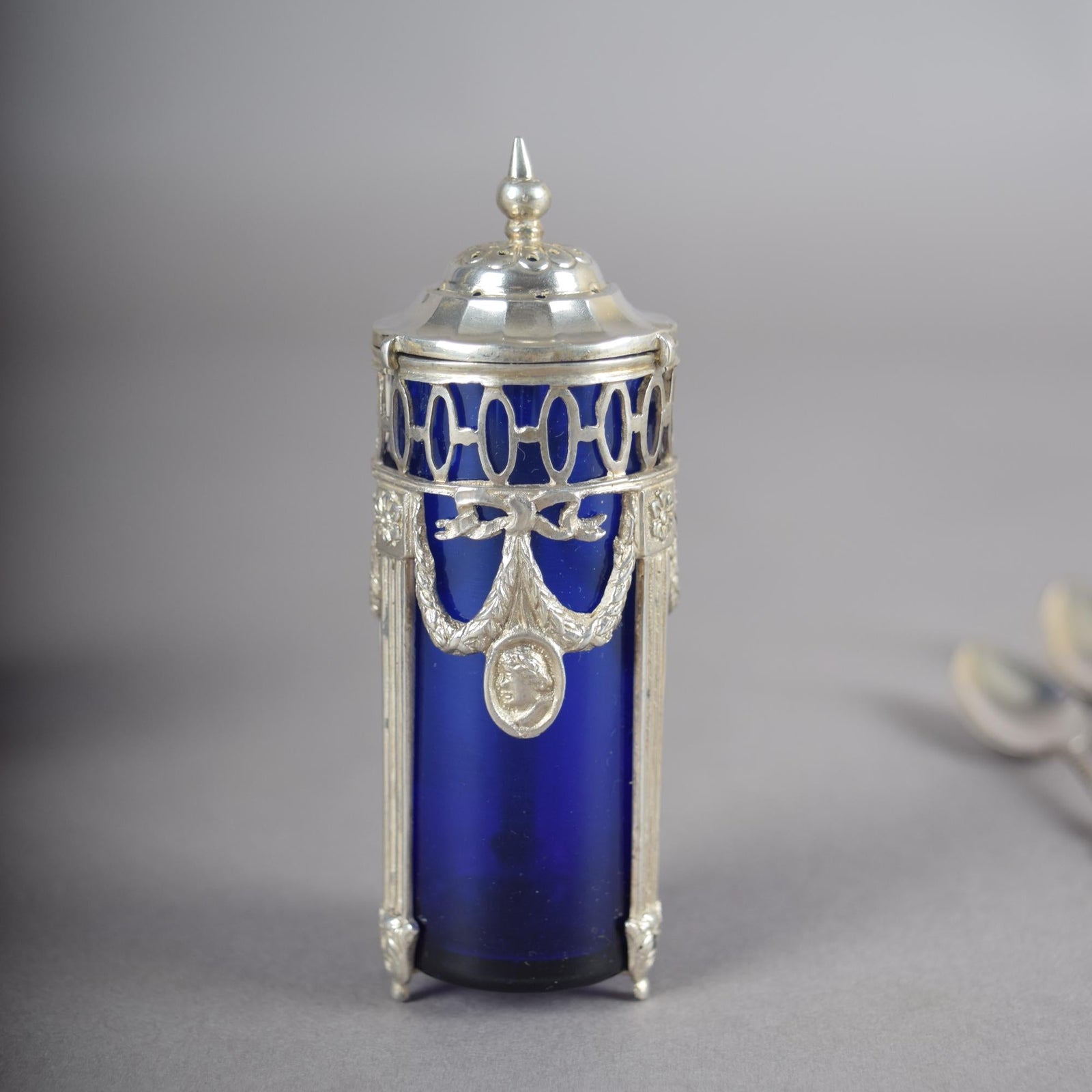 Antique Silver-Mounted Cobalt Glass Condiment Set, Louis XVI Style — French, Circa 1900, 7 Pieces