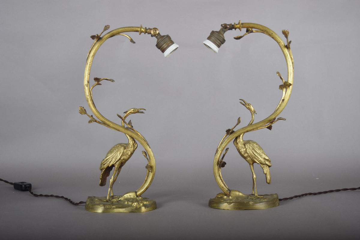 Pair of Gilt Crane Table Lamps, Hollywood Regency / French Art Deco Style, 1930s