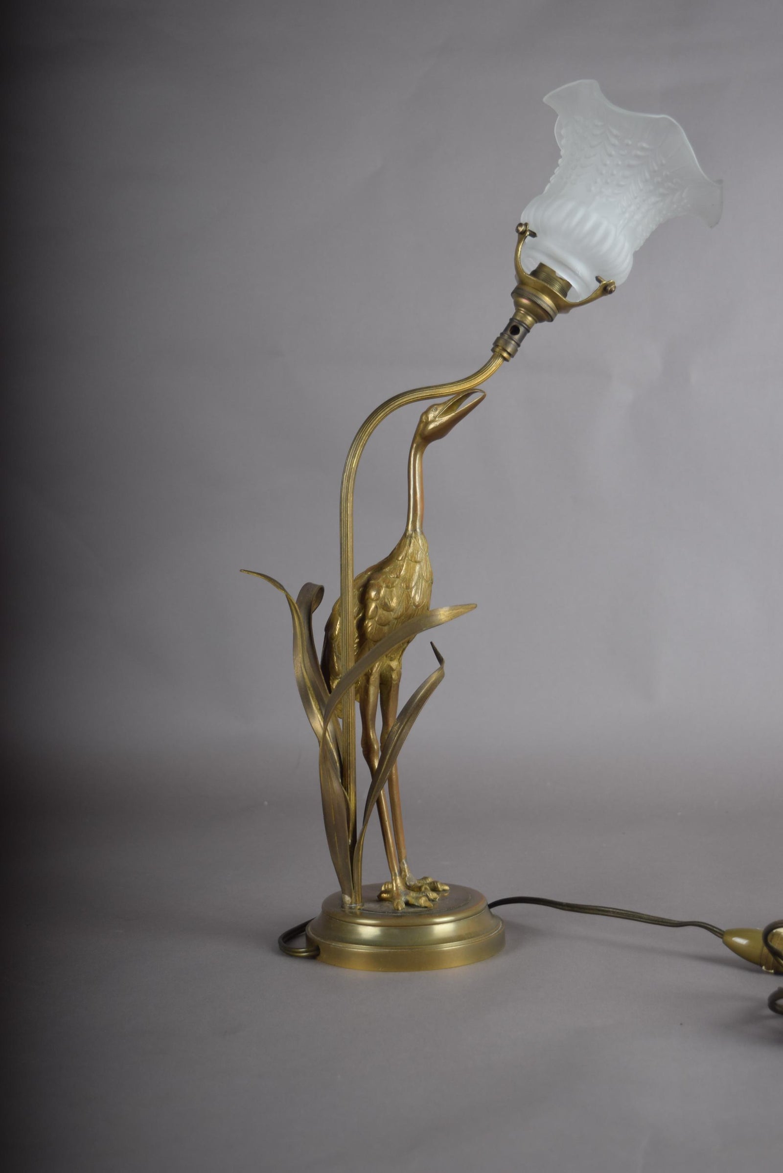 Gilt Crane Table Lamp with Frosted Glass Shade, Hollywood Regency Style