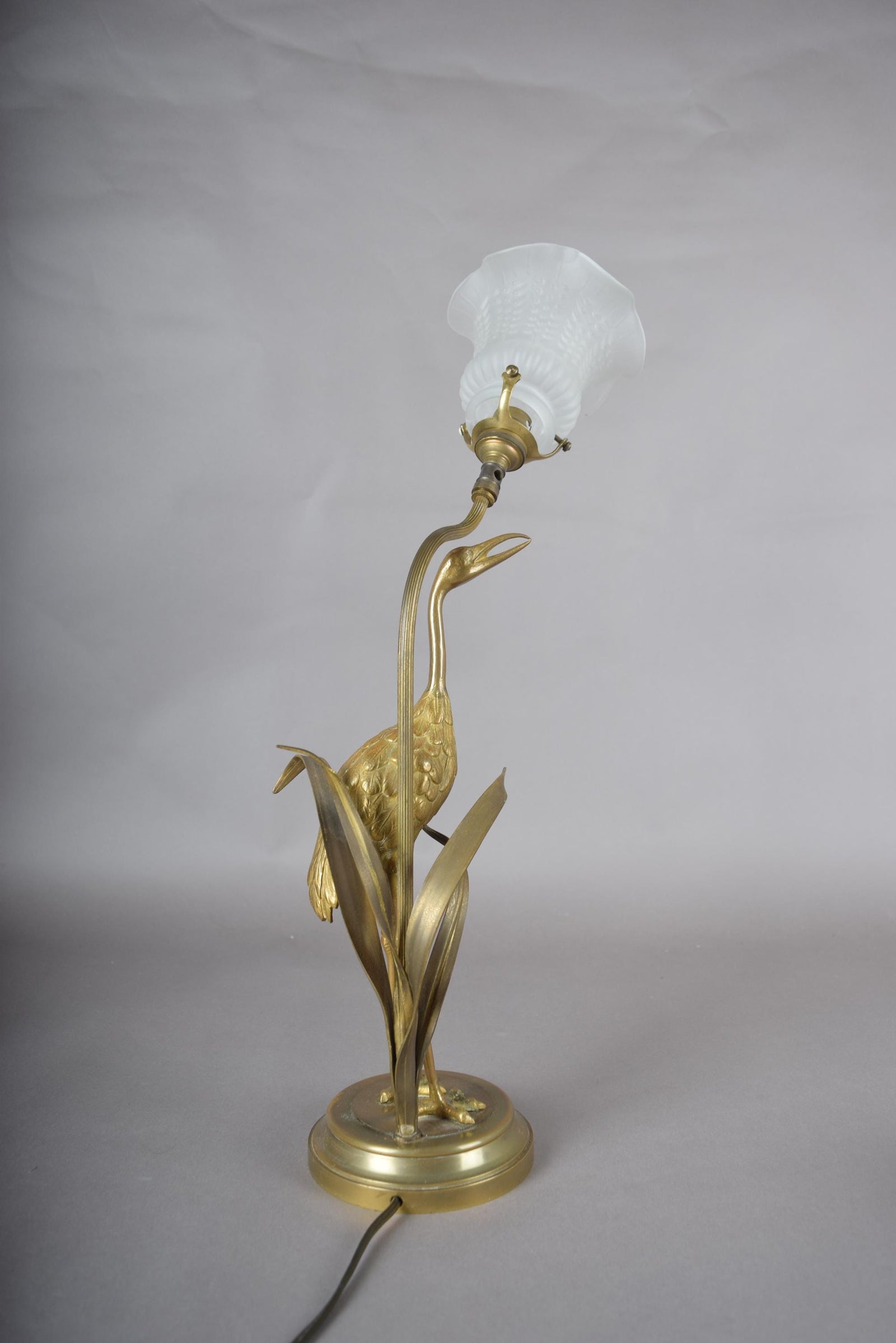 Gilt Crane Table Lamp with Frosted Glass Shade, Hollywood Regency Style