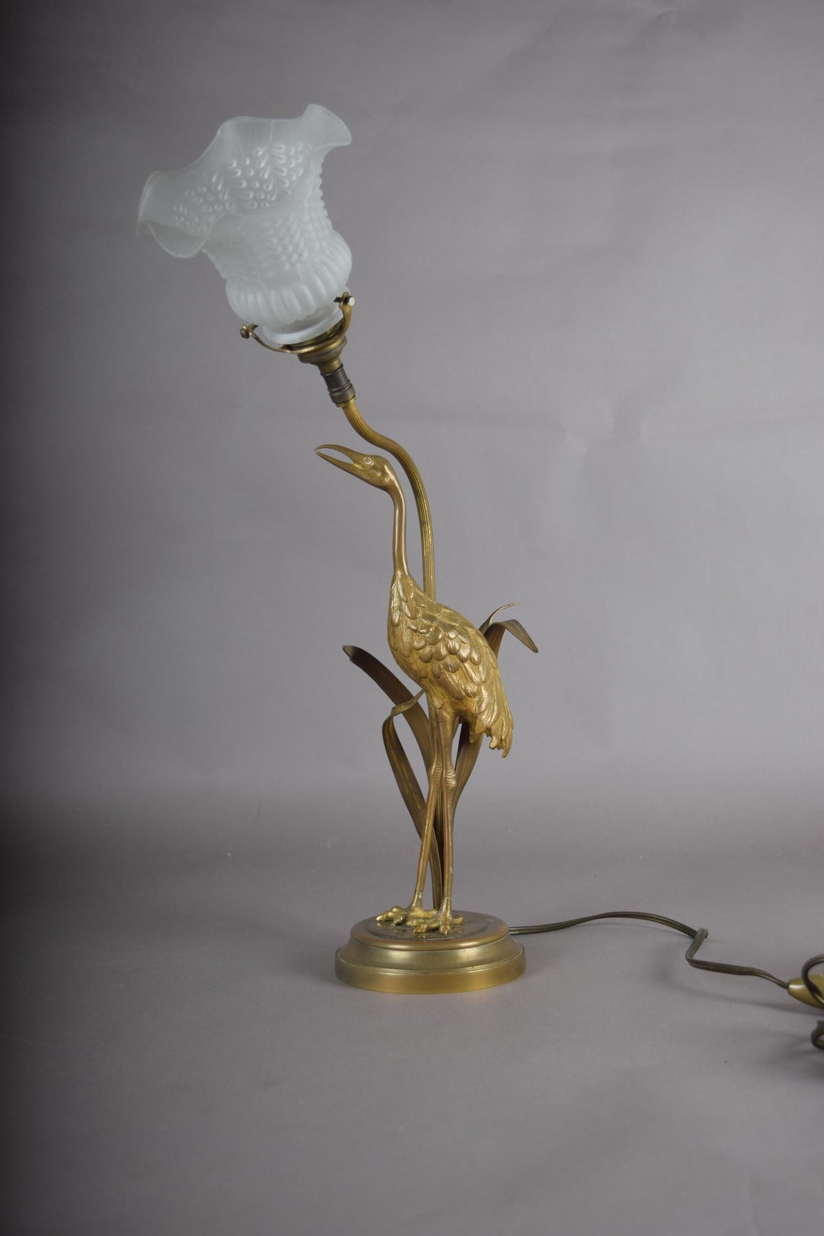 Gilt Crane Table Lamp with Frosted Glass Shade, Hollywood Regency Style