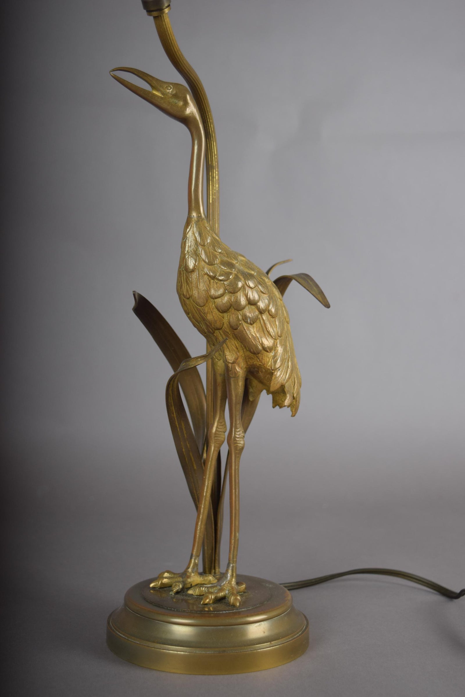 Gilt Crane Table Lamp with Frosted Glass Shade, Hollywood Regency Style