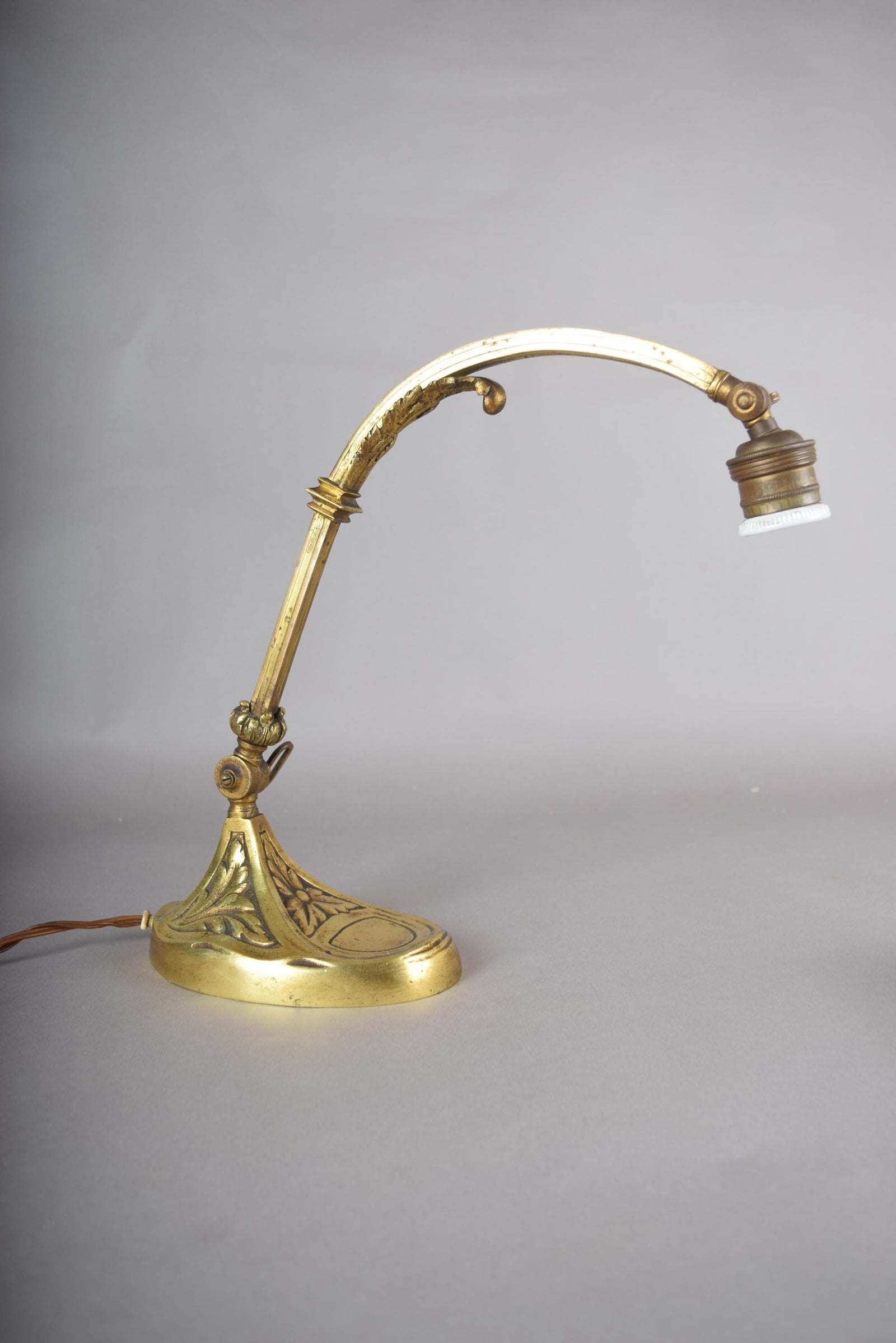 Vintage Brass Desk Lamp, Art Nouveau Style, Adjustable Goose-Neck Arm, 1920s