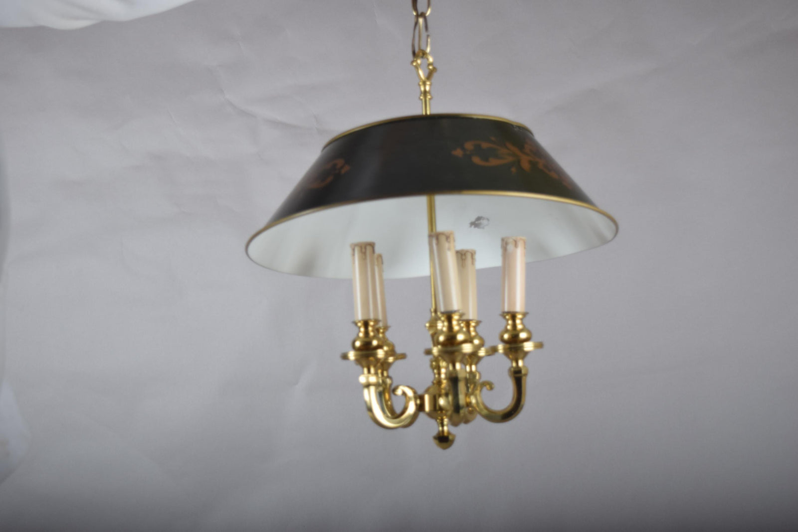 Vintage Brass 5-Light Pendant Chandelier, Bouillotte Style — Painted Tôle Shade, 1980s