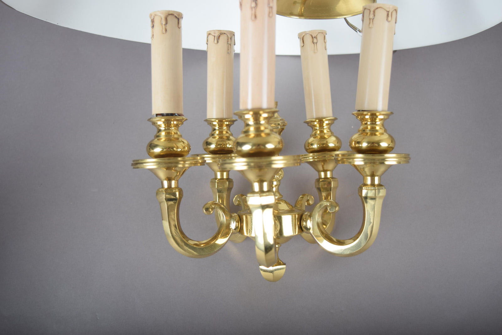 Vintage Brass 5-Light Pendant Chandelier, Bouillotte Style — Painted Tôle Shade, 1980s