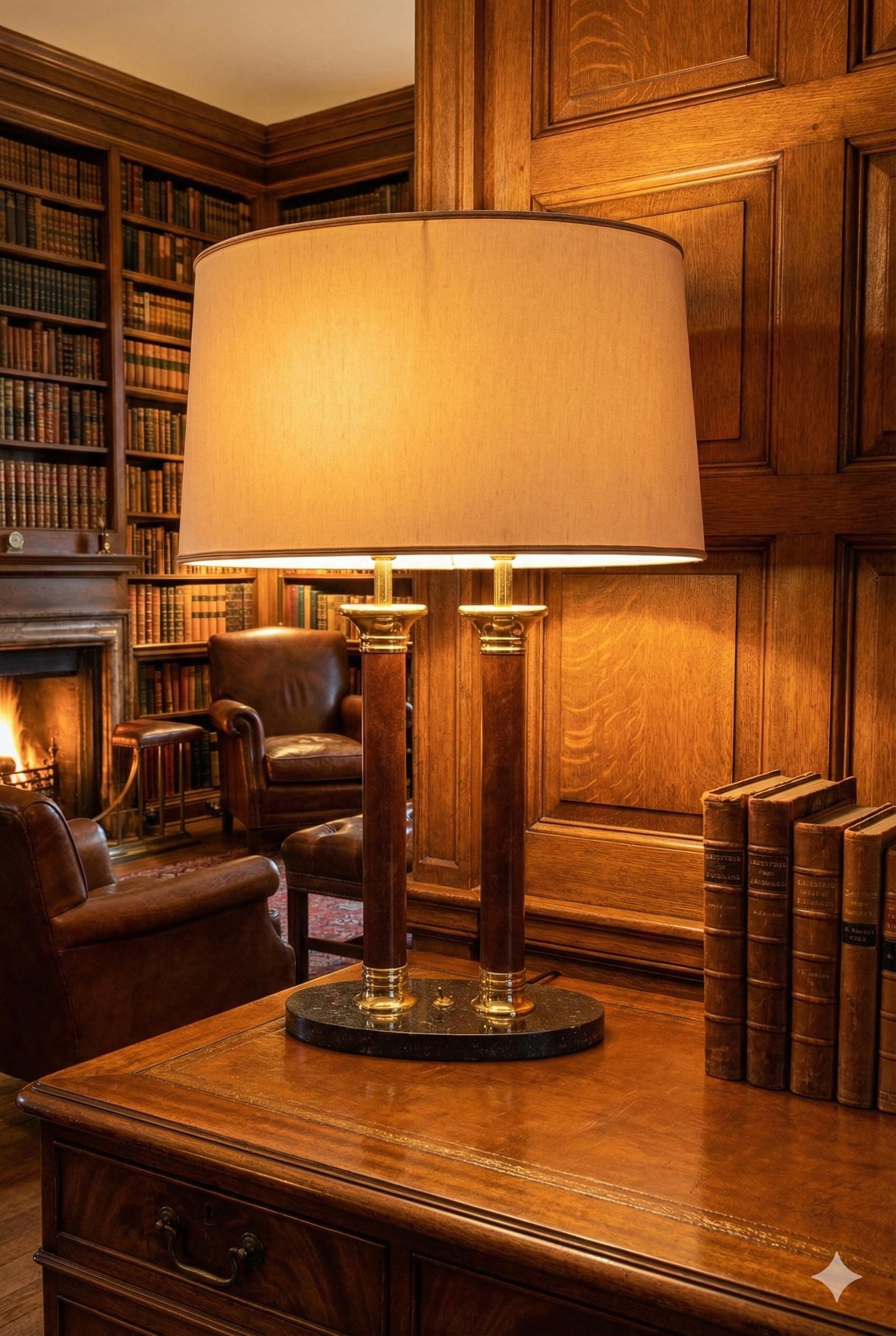Double Column Table Lamp, Marble Base with Brass Accents — Vintage 1980s