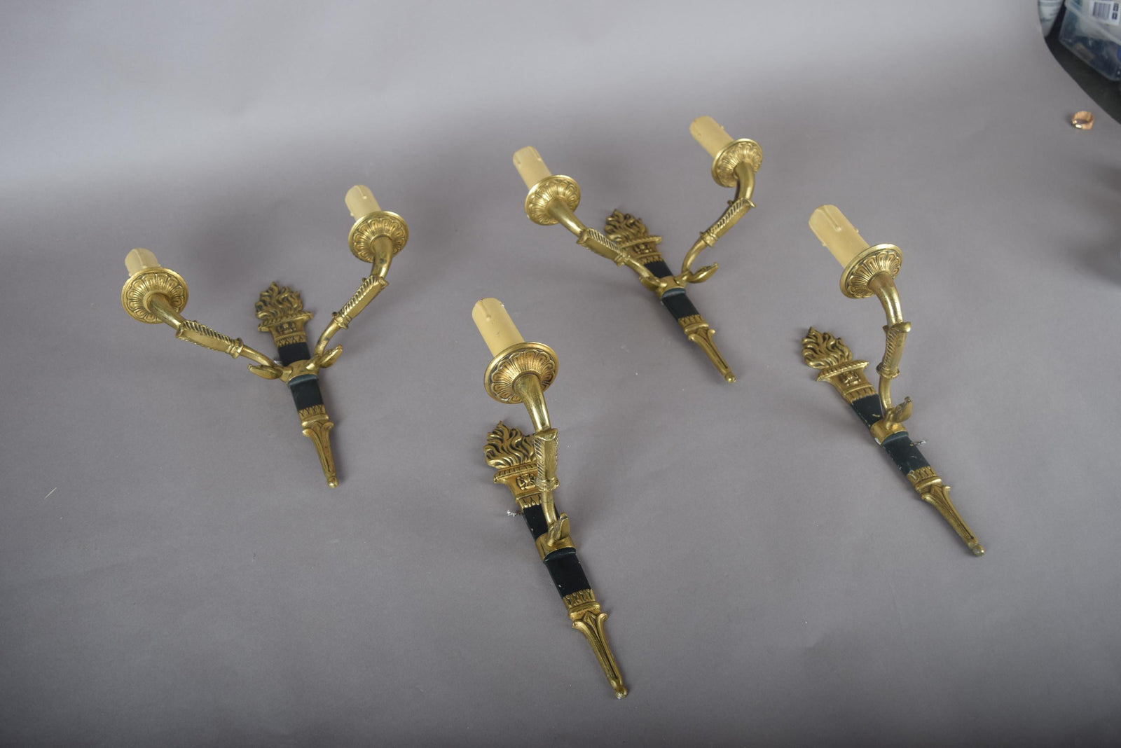Ornate Gilt Bronze Torch-Form Wall Sconces, Empire Style, Set of Four (Mixed Arm Configuration)