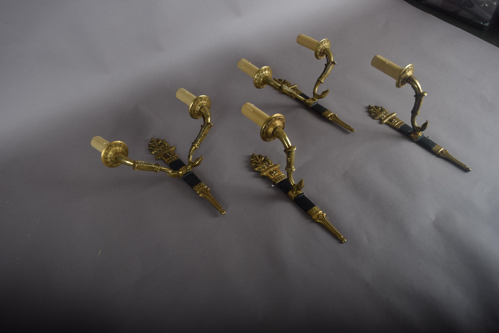 Ornate Gilt Bronze Torch-Form Wall Sconces, Empire Style, Set of Four (Mixed Arm Configuration)