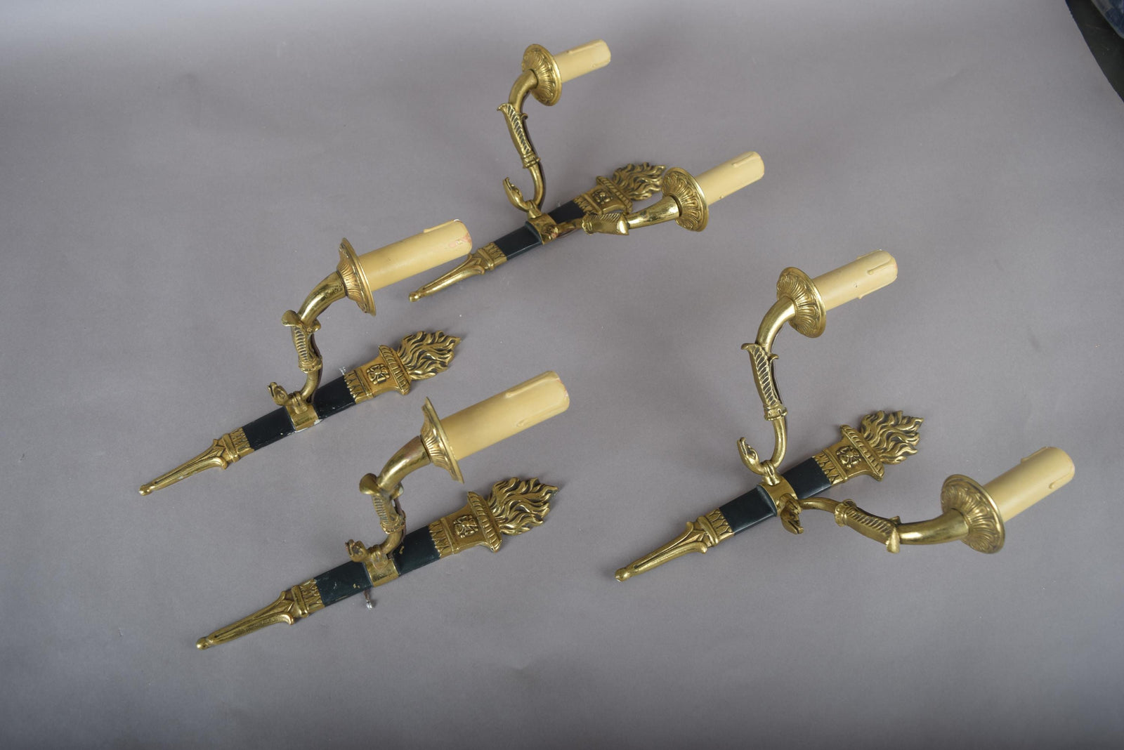 Ornate Gilt Bronze Torch-Form Wall Sconces, Empire Style, Set of Four (Mixed Arm Configuration)