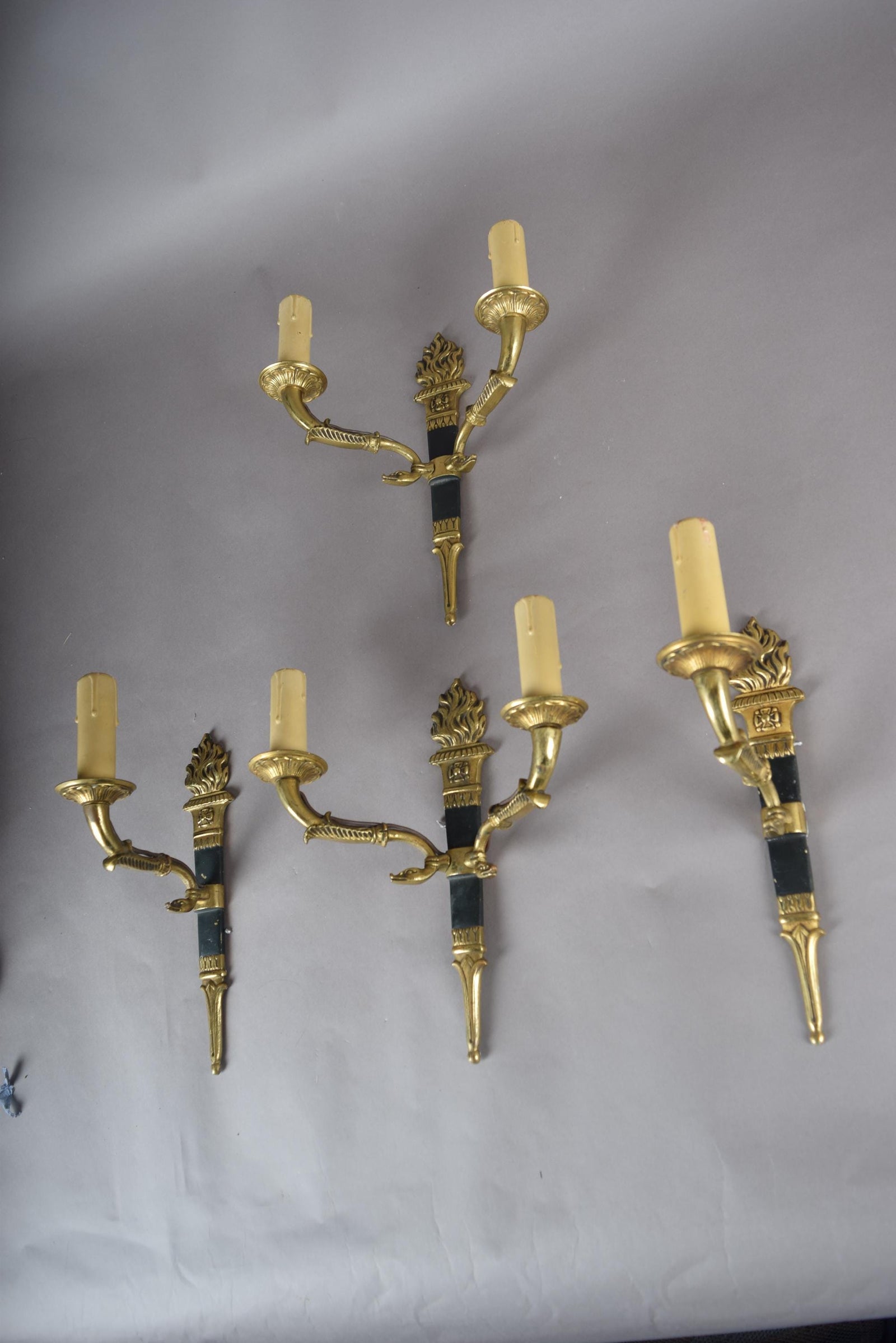 Ornate Gilt Bronze Torch-Form Wall Sconces, Empire Style, Set of Four (Mixed Arm Configuration)