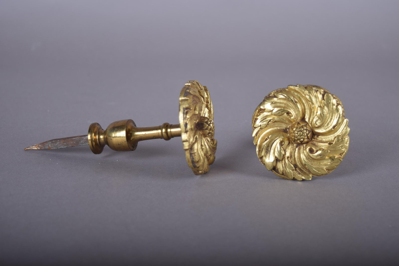Pair of Gilt Bronze Curtain Tiebacks, Floral Rosette Motif, 19th Century