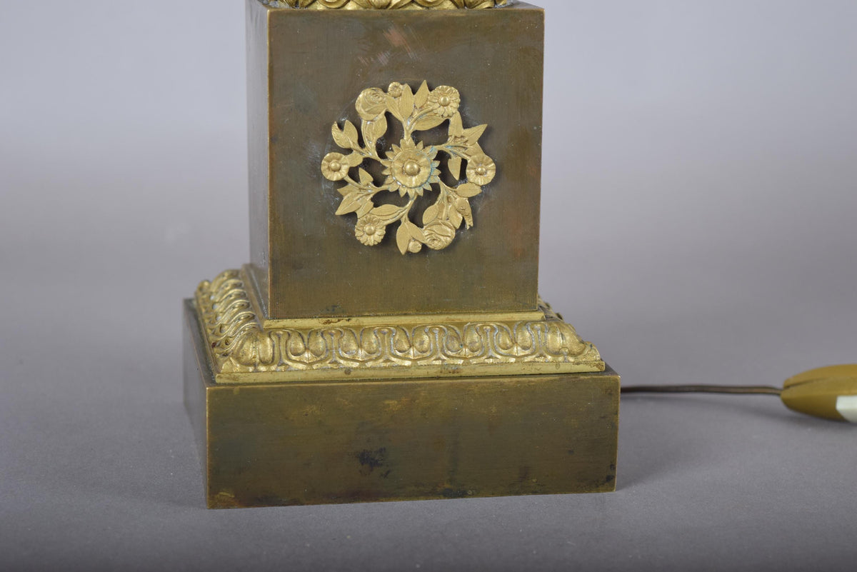 Antique Bronze Column Table Lamp, Gilt Floral Accents, Neoclassical Style, 19th Century
