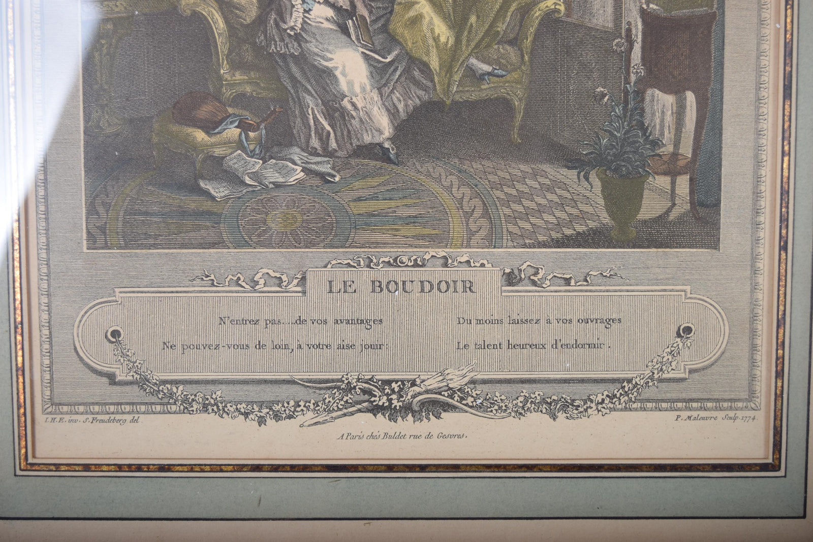 Antique Hand-Colored Engraving "Le Boudoir," P. Malœuvre after Freudenberg, 1774, Carved Giltwood Frame