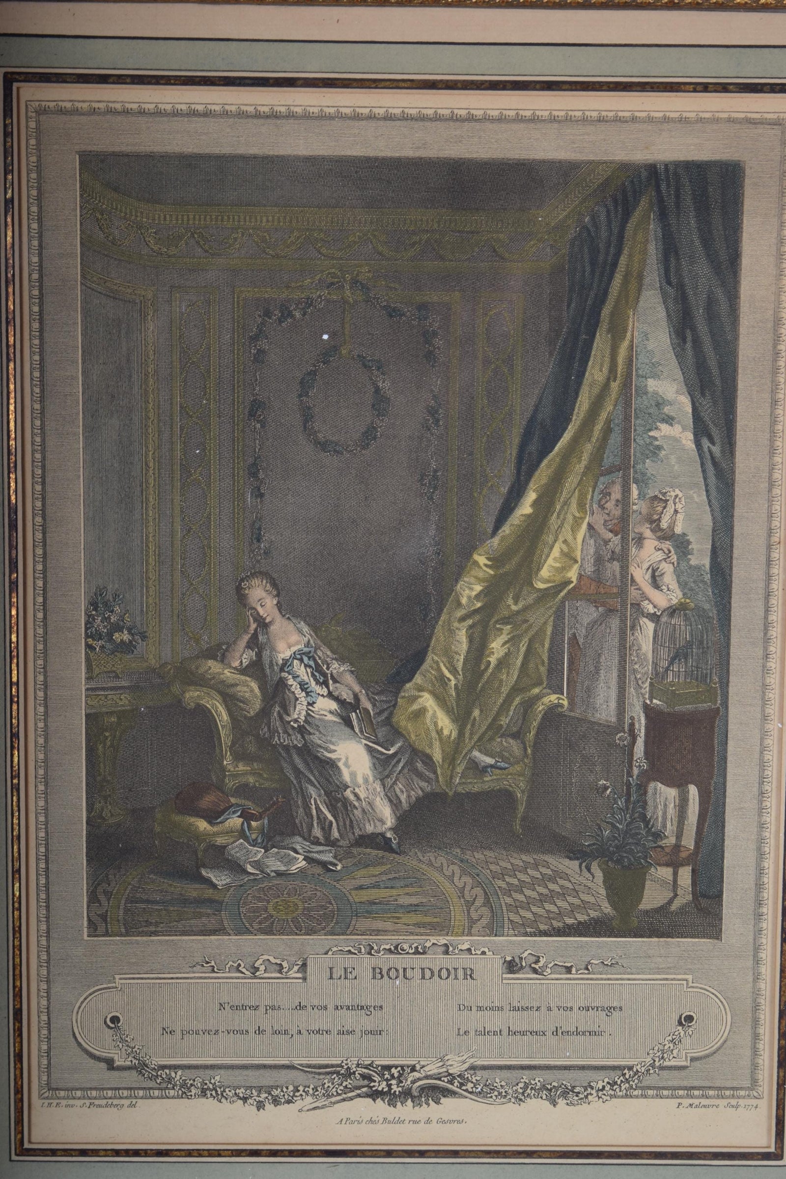 Antique Hand-Colored Engraving "Le Boudoir," P. Malœuvre after Freudenberg, 1774, Carved Giltwood Frame
