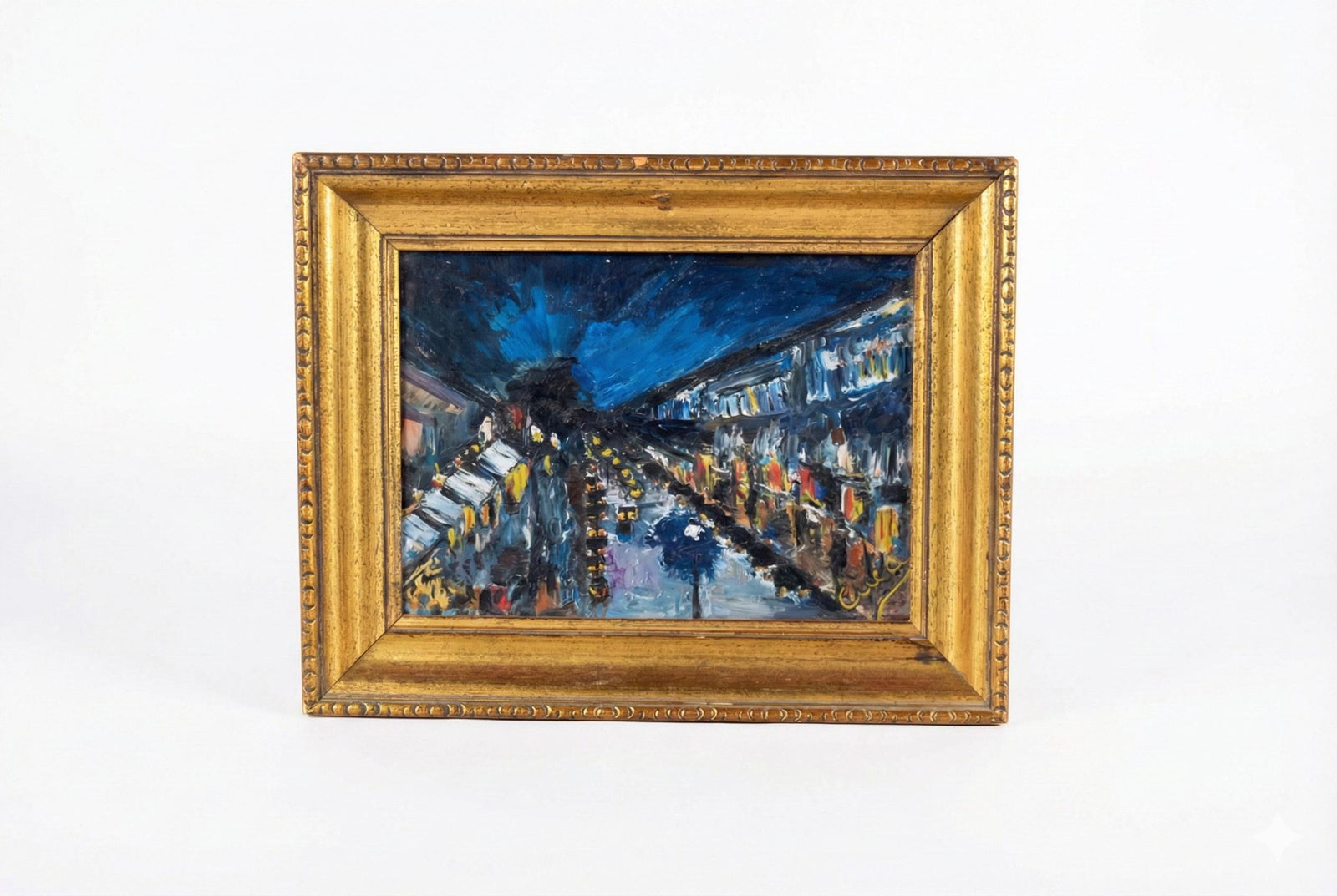 Impressionist Night Street Scene, Oil on Panel, Signed Cuca, Gilt Frame, 1950s
