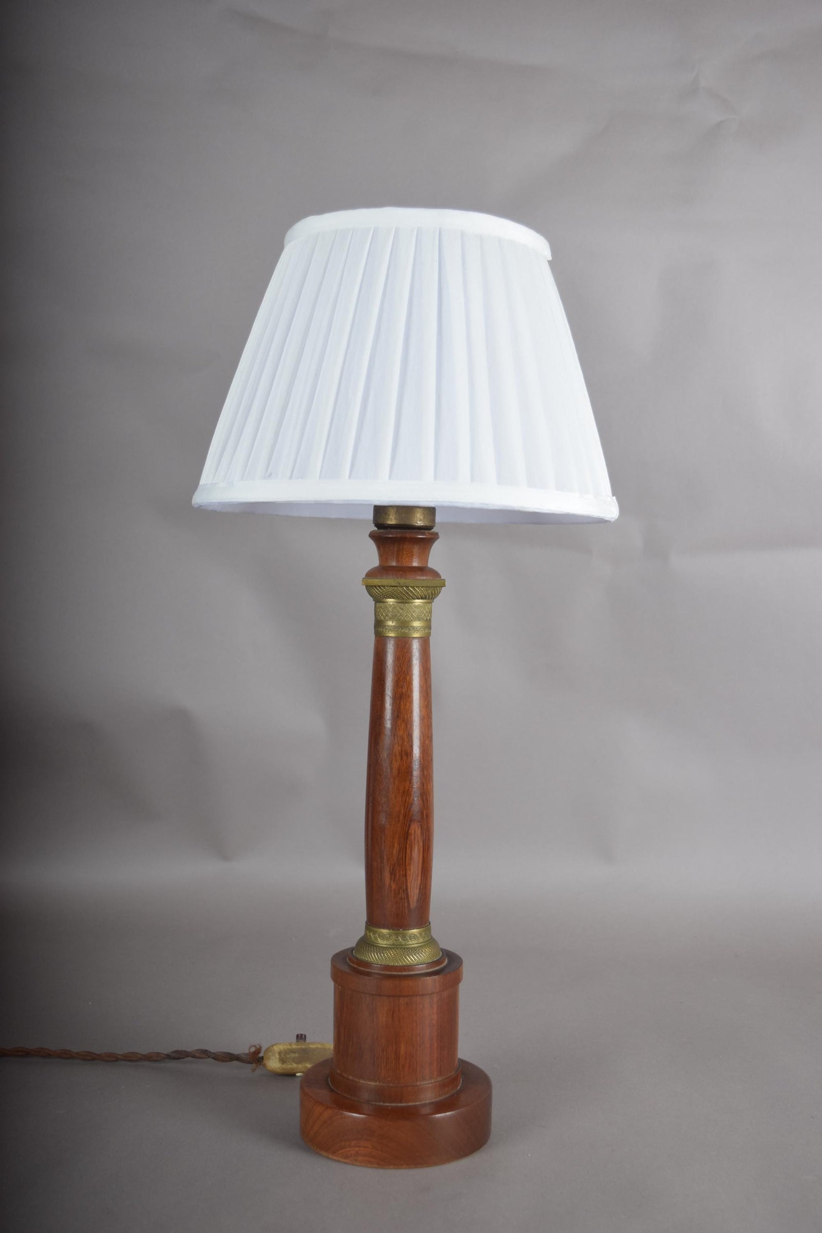 Vintage Turned Wood Column Table Lamp, Brass Collar Accents, Neoclassical Style, 1950s