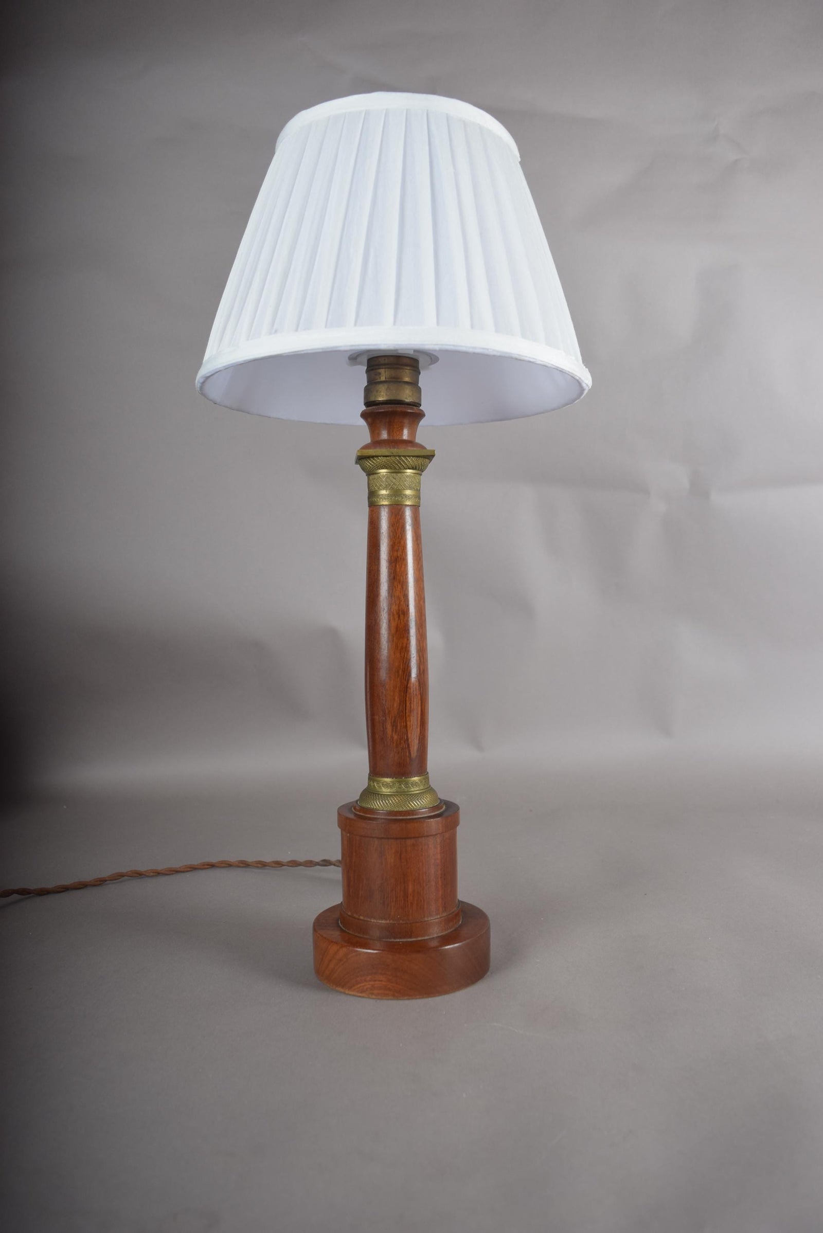 Vintage Turned Wood Column Table Lamp, Brass Collar Accents, Neoclassical Style, 1950s