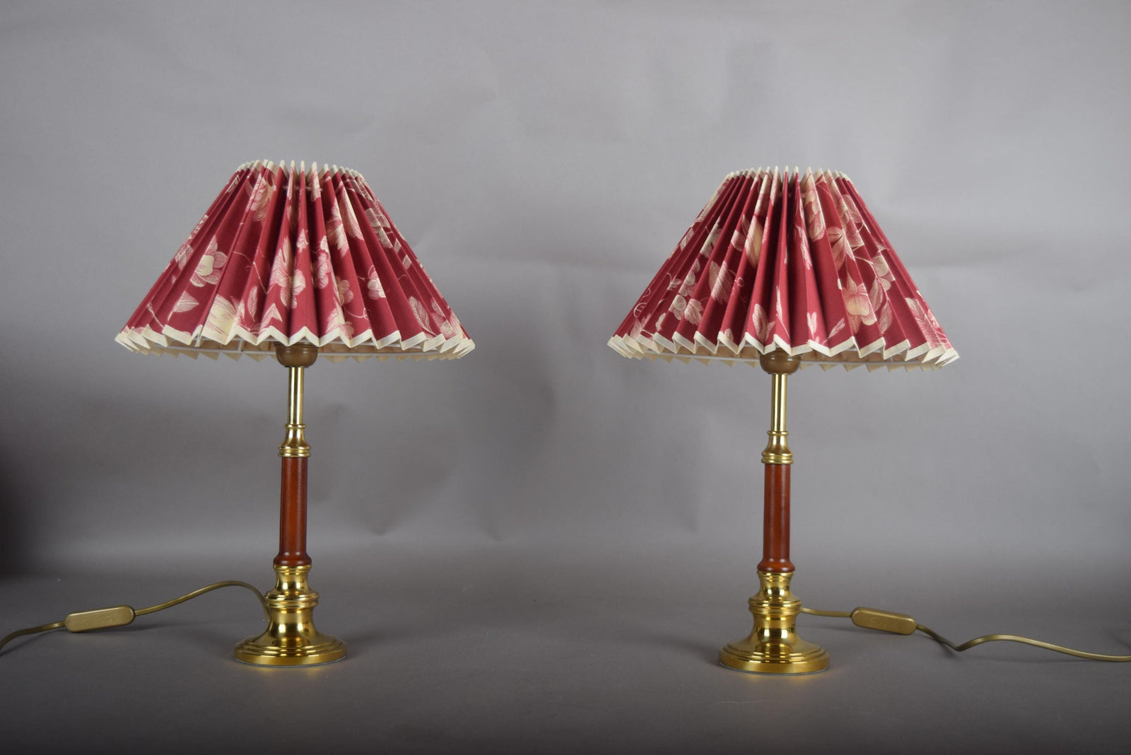 Pair of Brass and Wood Table Lamps with Pleated Floral Shades, 1970s