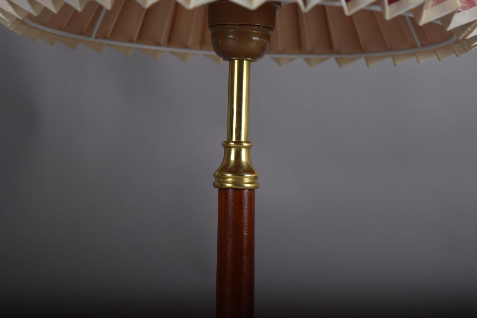 Pair of Brass and Wood Table Lamps with Pleated Floral Shades, 1970s