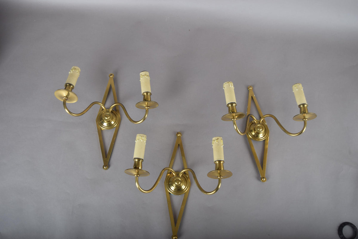 Set of Three Brass Wall Sconces, Geometric Diamond Backplate, French Style, 1960s