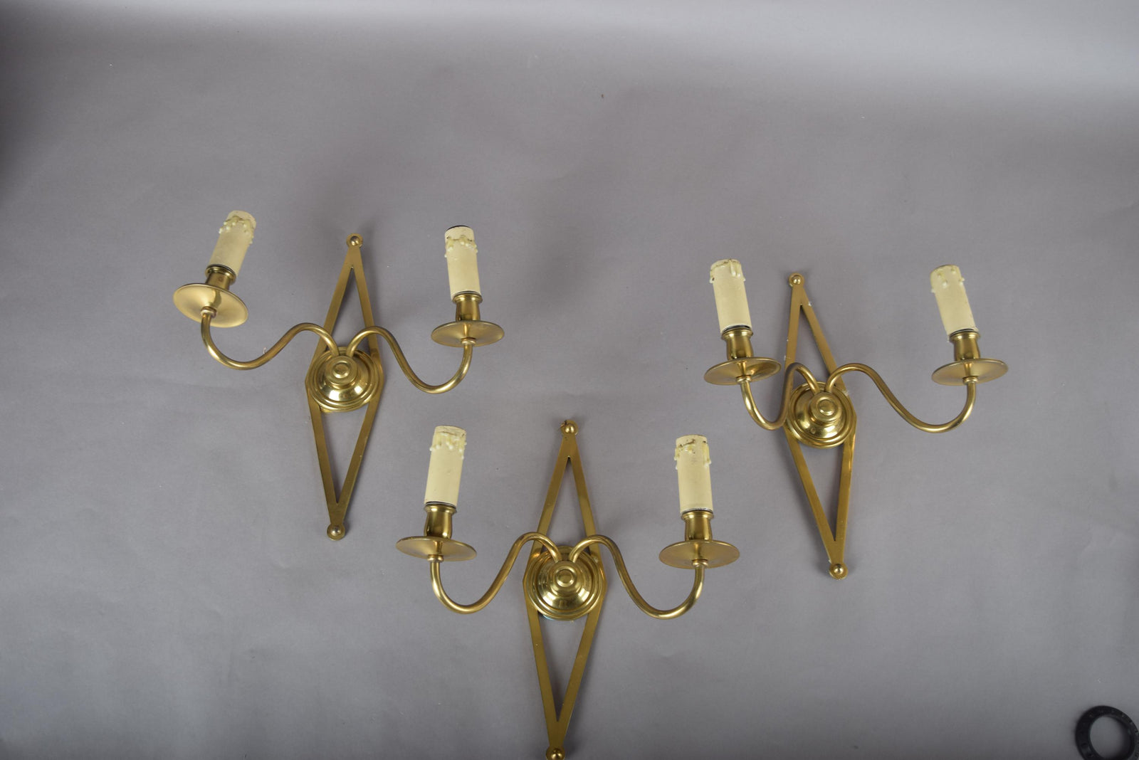 Set of Three Brass Wall Sconces, Geometric Diamond Backplate, French Style, 1960s