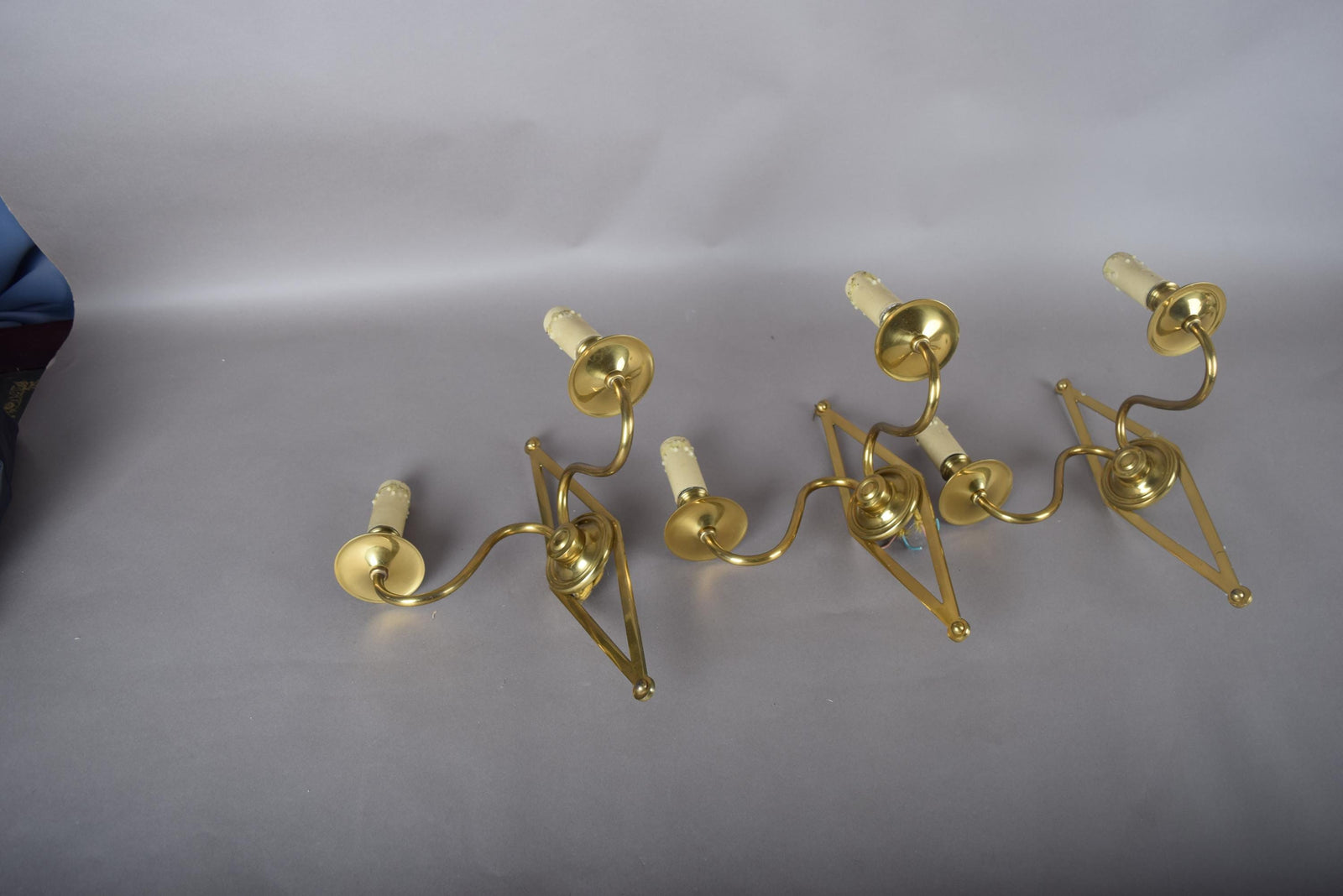 Set of Three Brass Wall Sconces, Geometric Diamond Backplate, French Style, 1960s