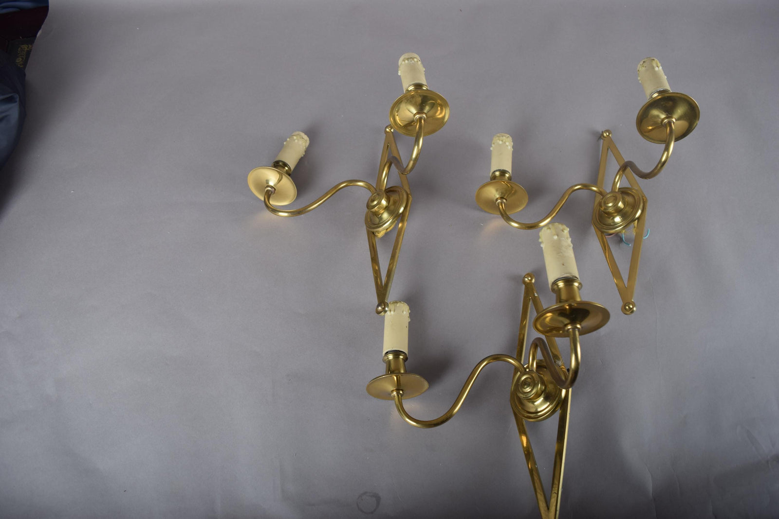 Set of Three Brass Wall Sconces, Geometric Diamond Backplate, French Style, 1960s