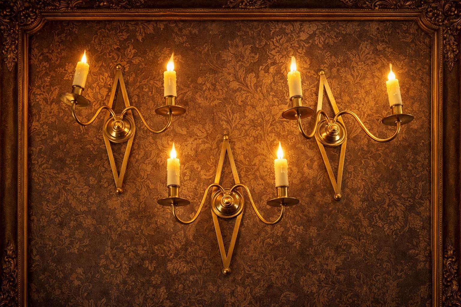 Set of Three Brass Wall Sconces, Geometric Diamond Backplate, French Style, 1960s