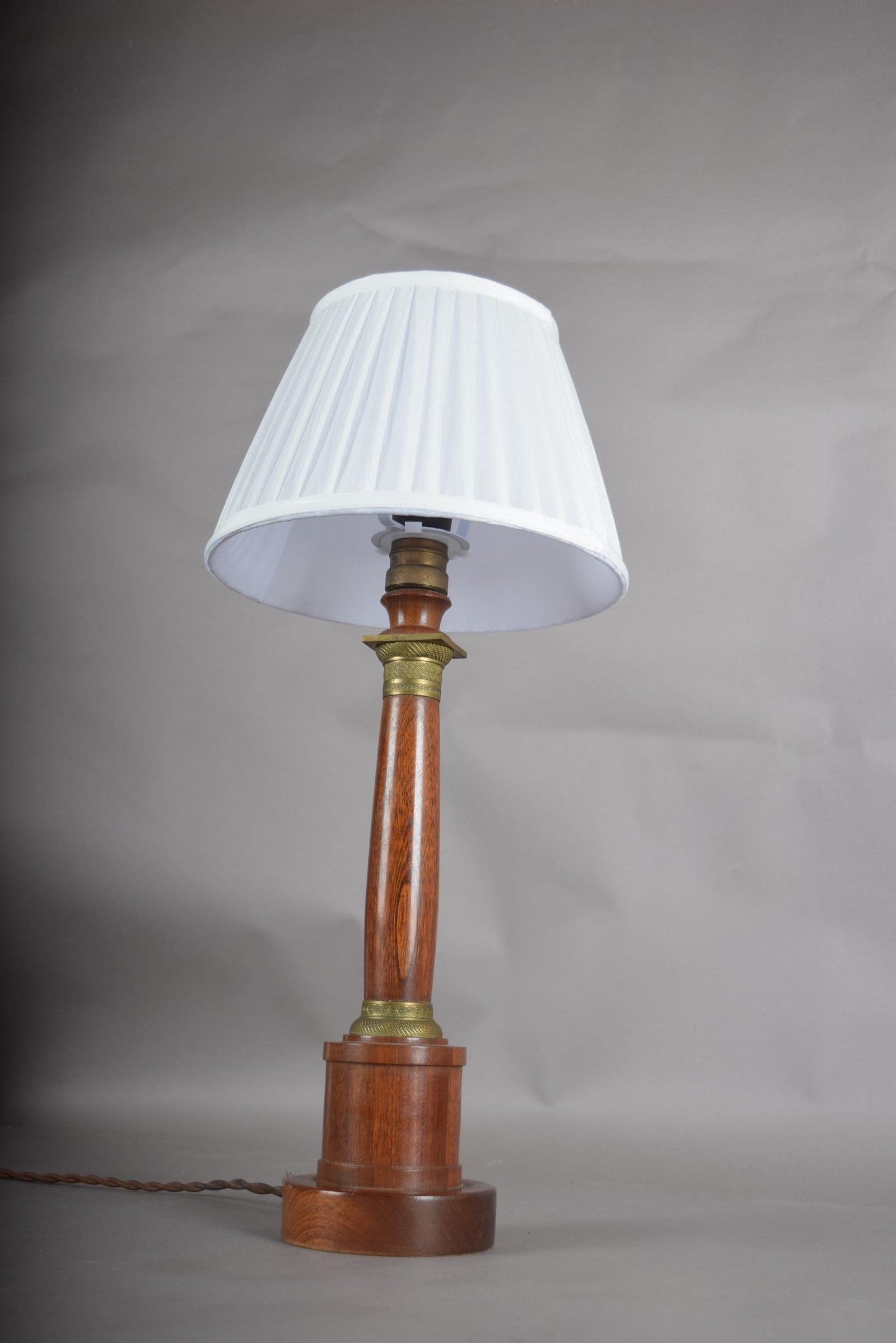Vintage Turned Wood Column Table Lamp, Brass Collar Accents, Neoclassical Style, 1950s