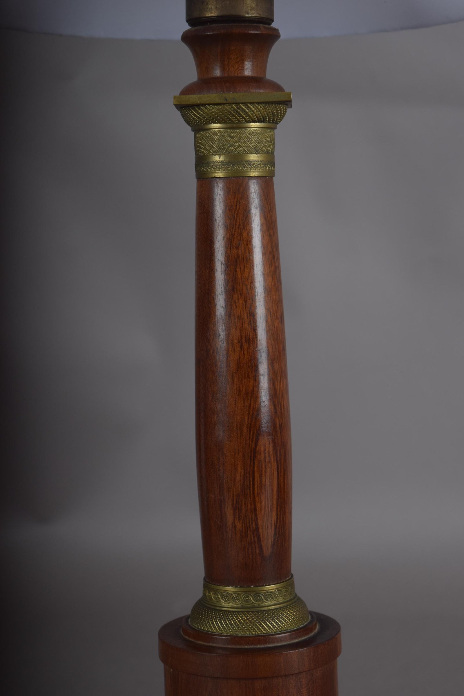 Vintage Turned Wood Column Table Lamp, Brass Collar Accents, Neoclassical Style, 1950s