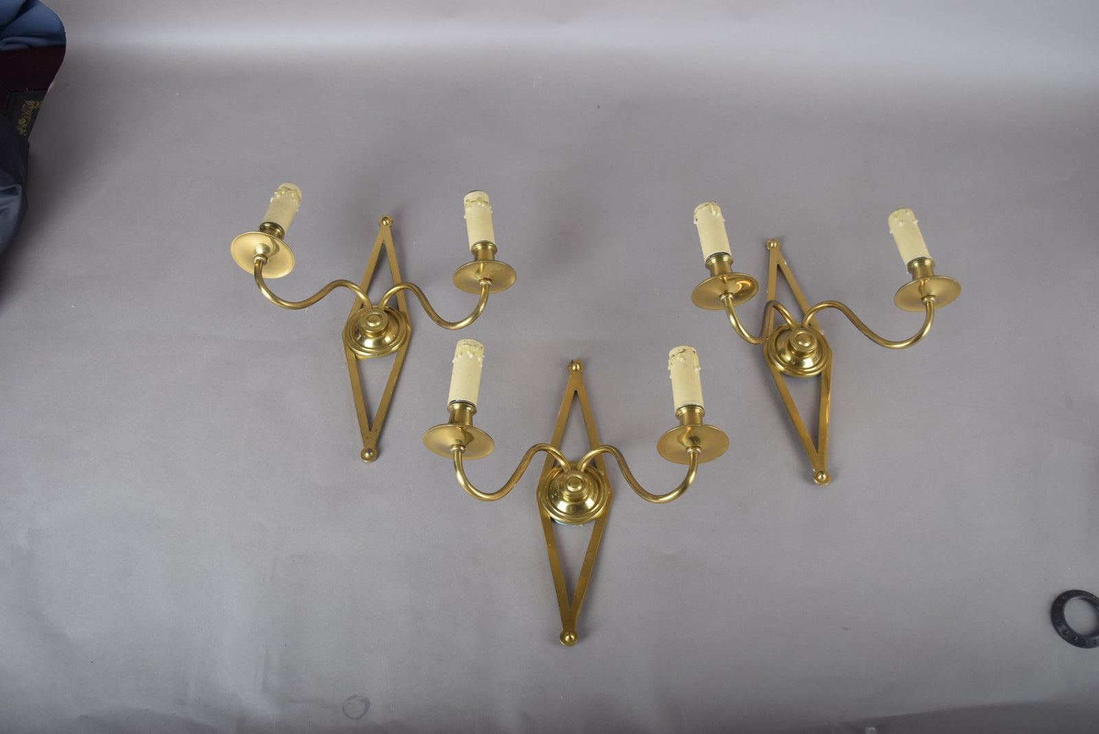 Set of Three Brass Wall Sconces, Geometric Diamond Backplate, French Style, 1960s
