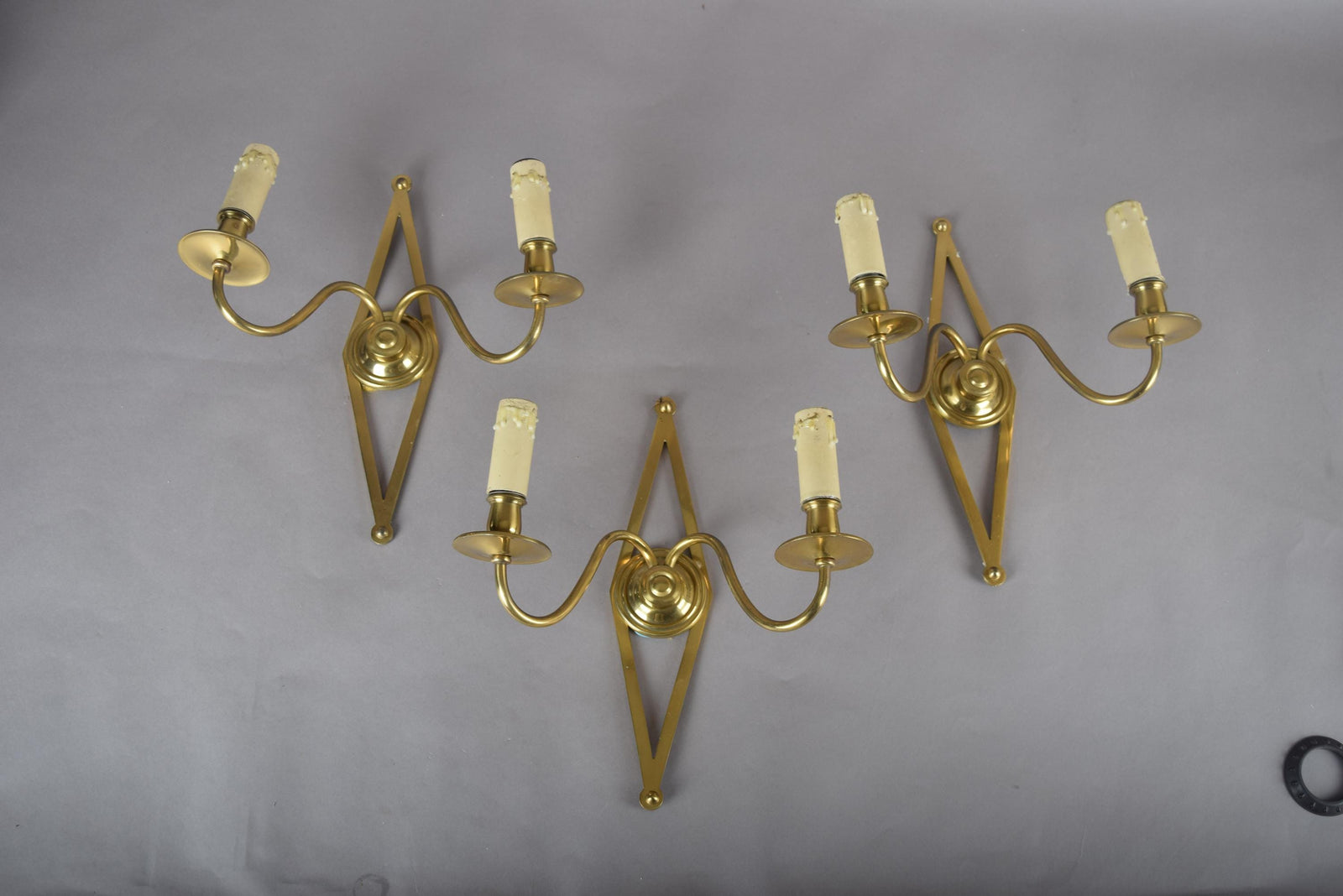 Set of Three Brass Wall Sconces, Geometric Diamond Backplate, French Style, 1960s