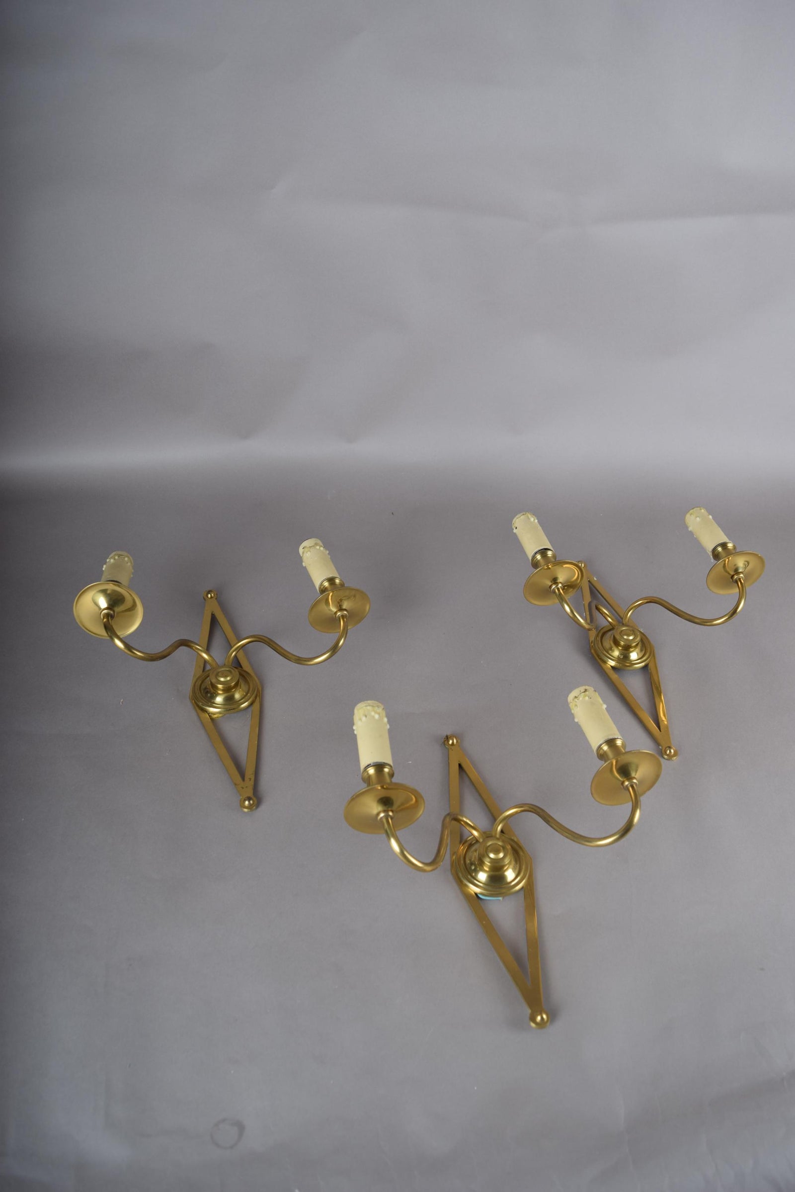 Set of Three Brass Wall Sconces, Geometric Diamond Backplate, French Style, 1960s