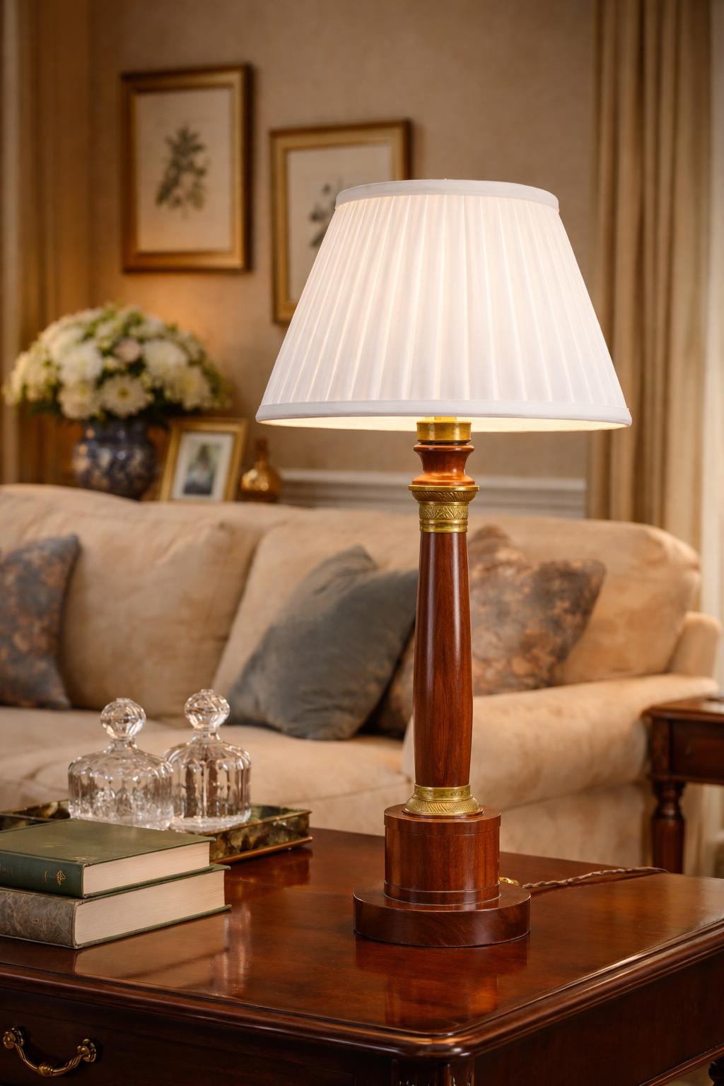 Vintage Turned Wood Column Table Lamp, Brass Collar Accents, Neoclassical Style, 1950s