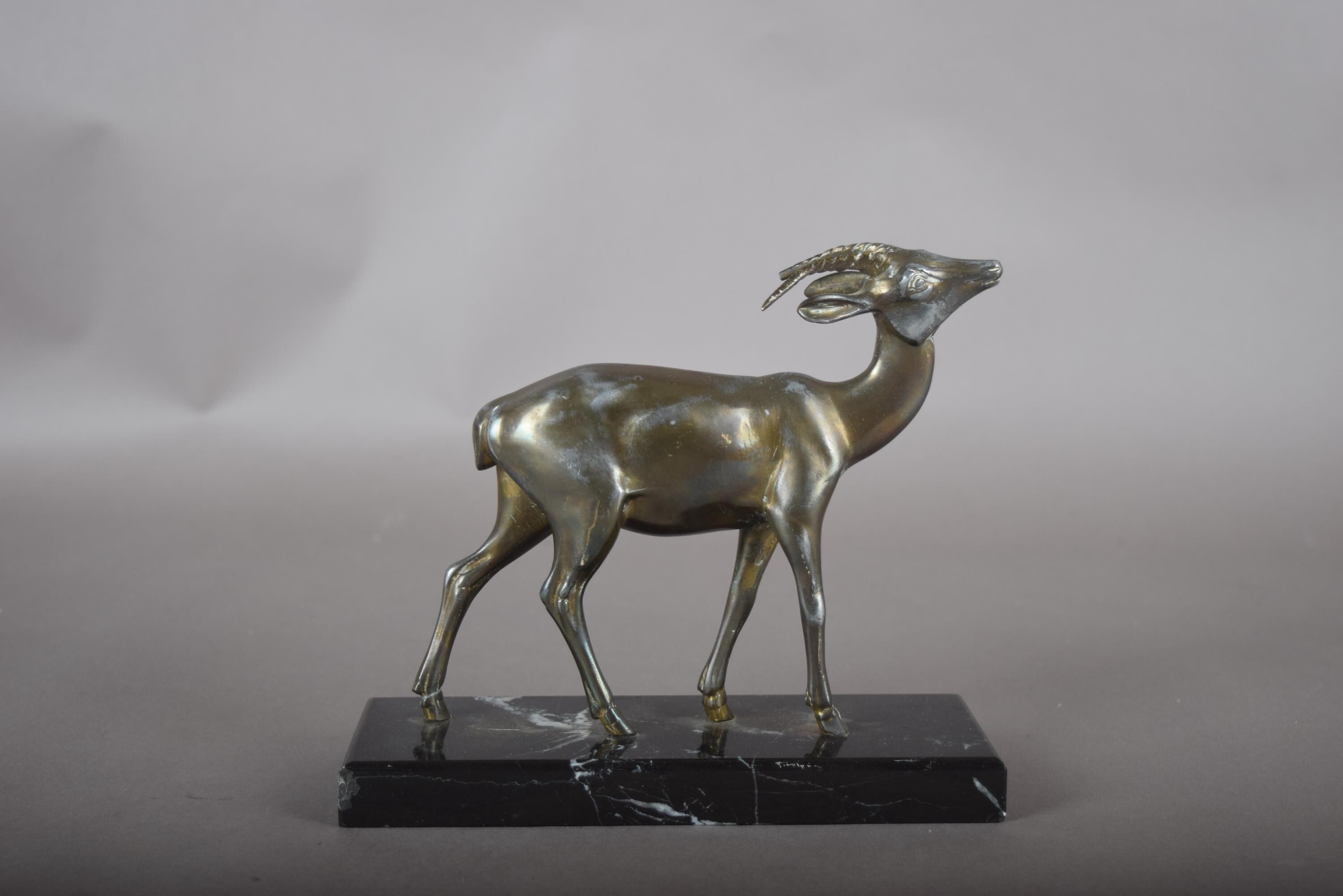 Vintage Spelter Antelope Sculpture, Art Deco Style, Black Marble Base, 1930s