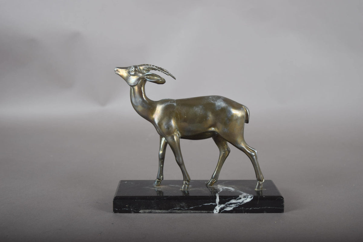 Vintage Spelter Antelope Sculpture, Art Deco Style, Black Marble Base, 1930s