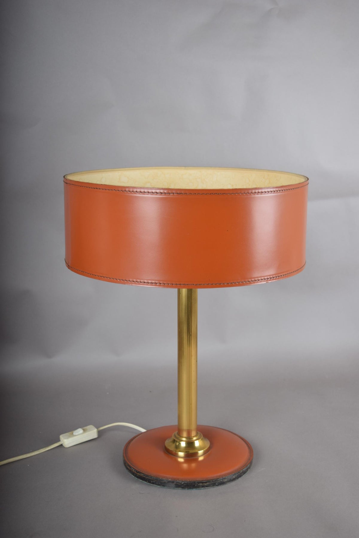 Leather Drum Lamp with Brass Accents, Mid-Century Modern Table Lamp, 1950s