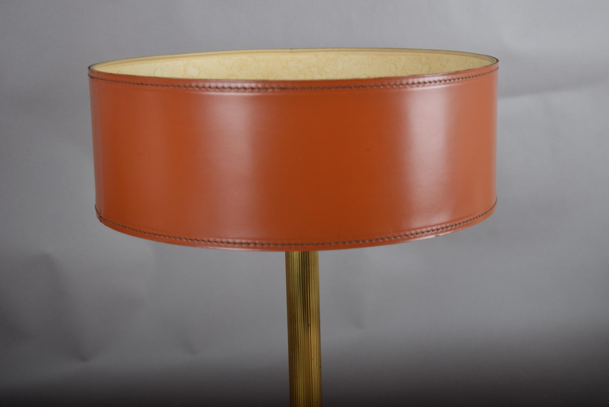Leather Drum Lamp with Brass Accents, Mid-Century Modern Table Lamp, 1950s