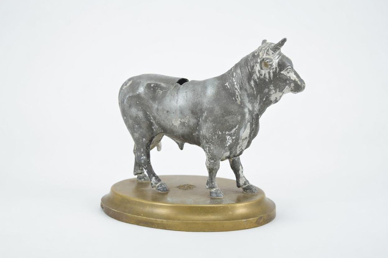 Vintage Spelter Bull Sculpture, 1920s | Antique Coin Bank Figurine | Sculptural Animal Desk Decor