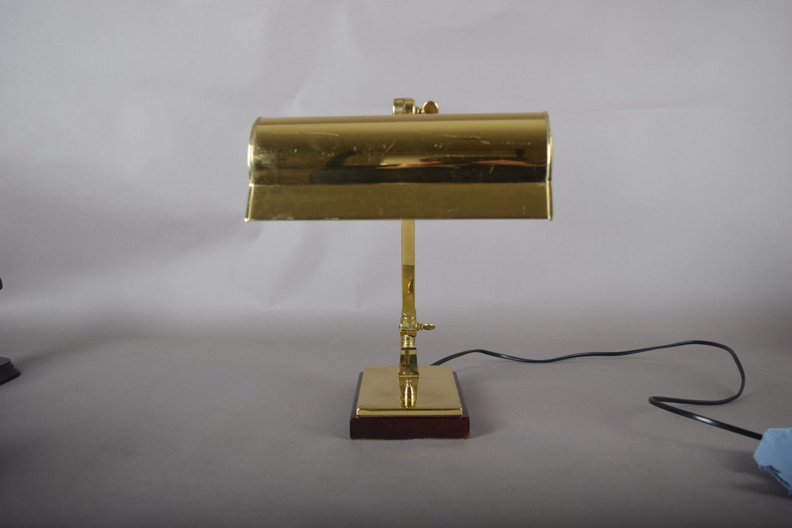Vintage Brass Banker's Desk Lamp, Adjustable Arm, Wood Base, 1950s