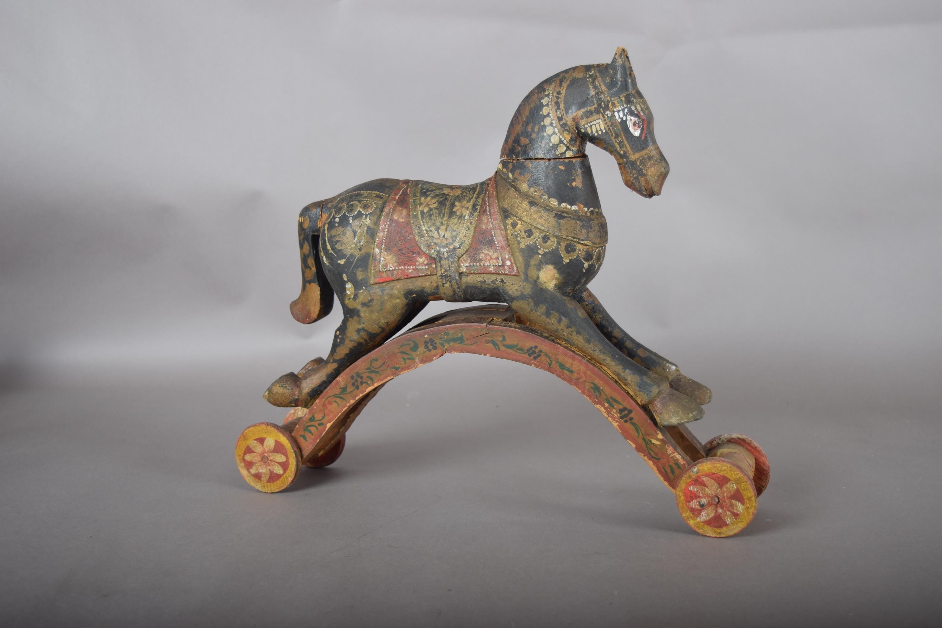 Antique Hand-Carved Wooden Horse on Wheels — Indian Folk Art, 19th Century
