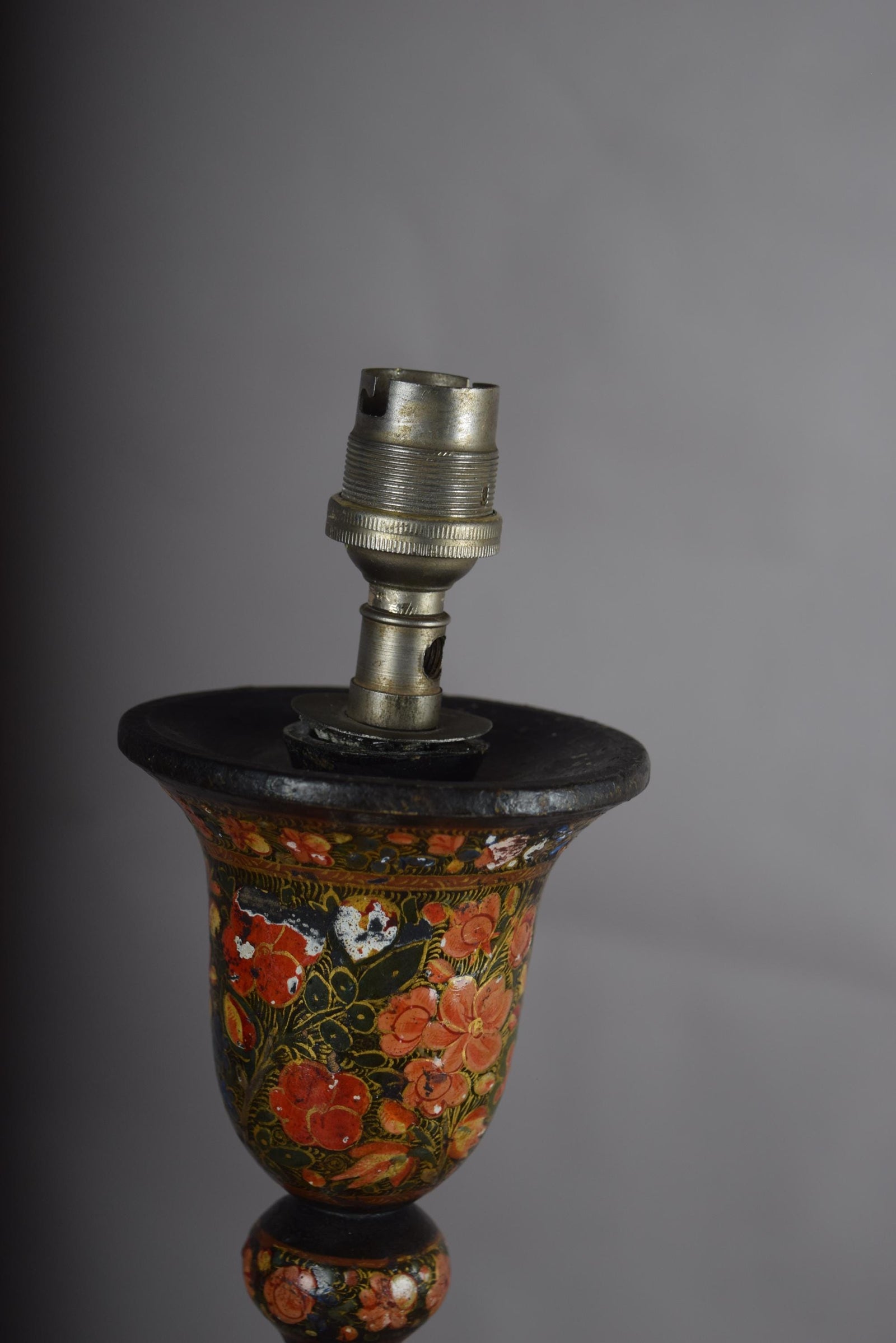 Kashmiri Hand-Painted Wood Table Lamp, Naqashi Floral Decoration, Twisted Column