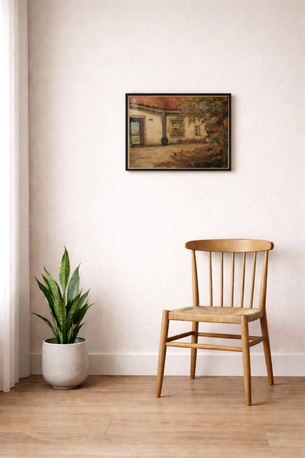 Vintage Oil Painting | Signed Farmhouse Courtyard Scene | Chickens & Cottage Garden | Framed Rustic Wall Art | Circa Early-Mid 1900s