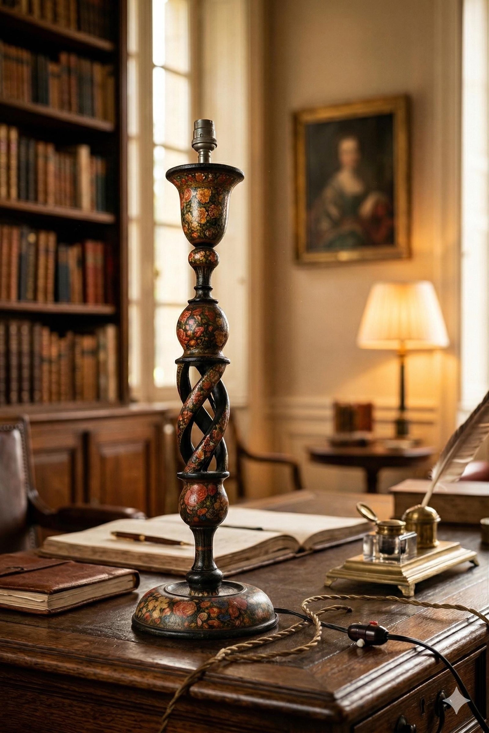 Kashmiri Hand-Painted Wood Table Lamp, Naqashi Floral Decoration, Twisted Column