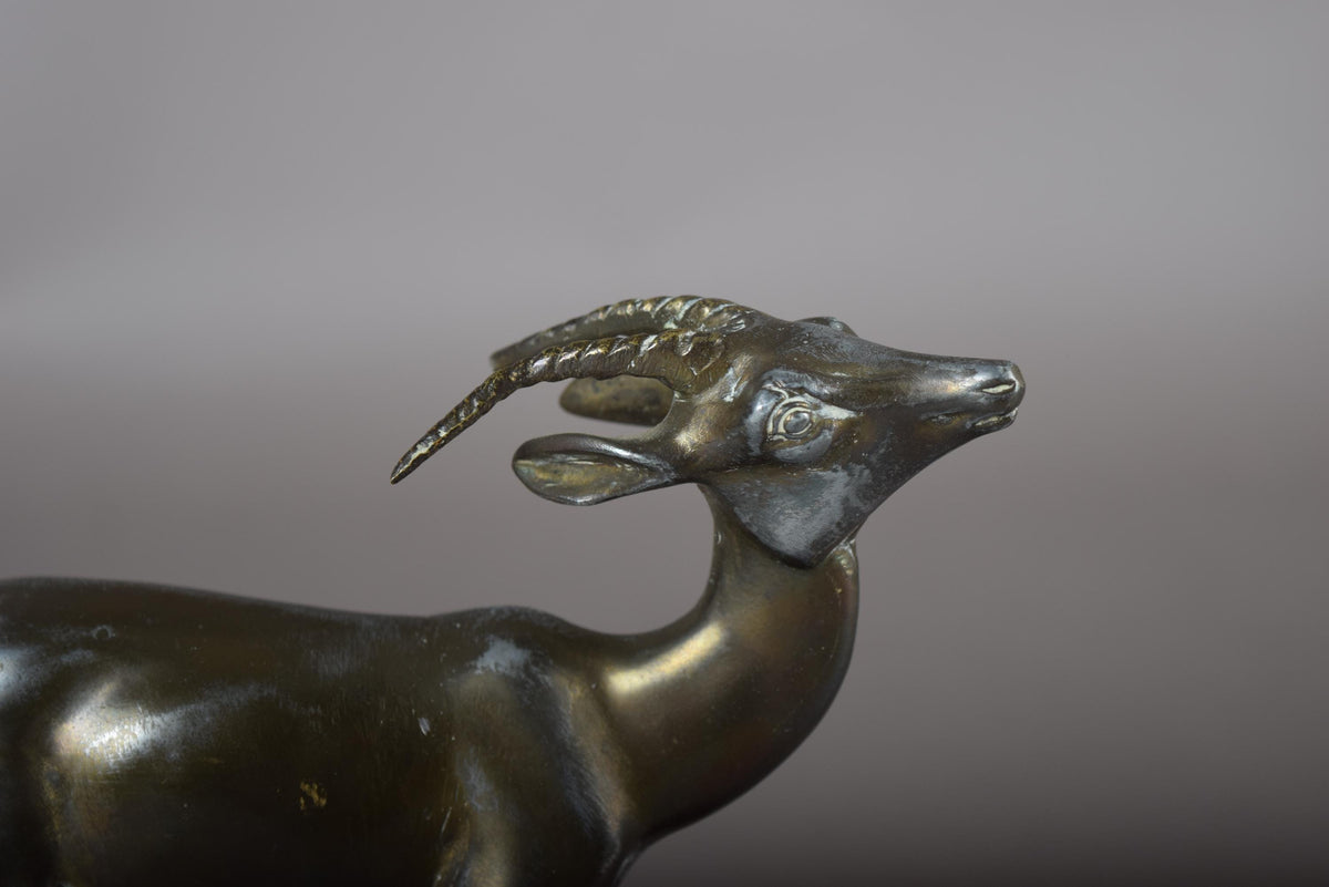 Vintage Spelter Antelope Sculpture, Art Deco Style, Black Marble Base, 1930s