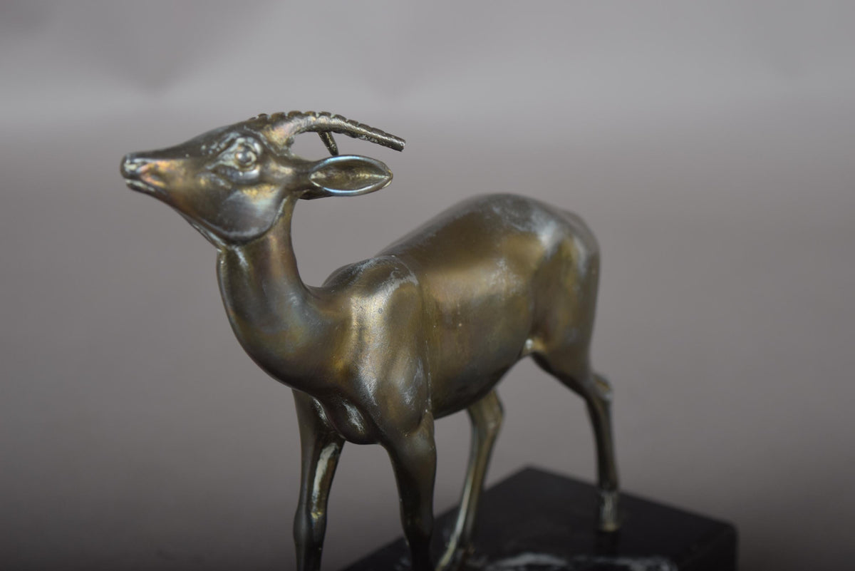 Vintage Spelter Antelope Sculpture, Art Deco Style, Black Marble Base, 1930s