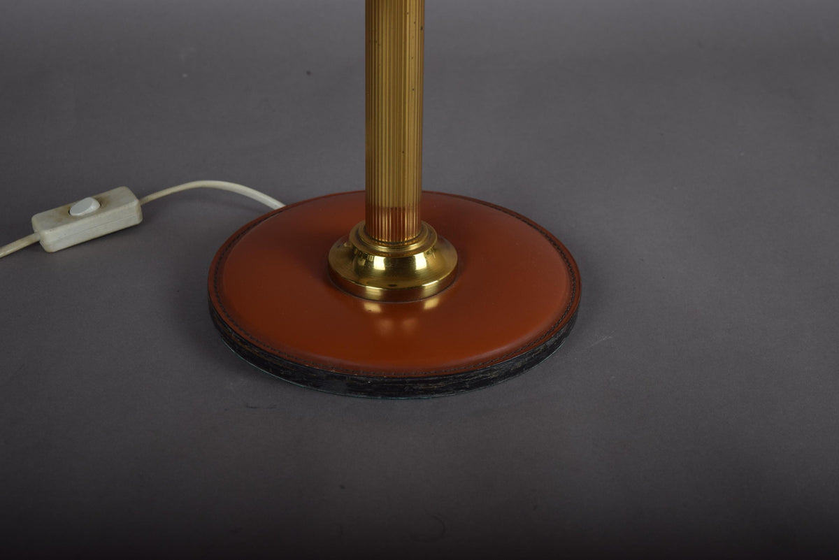 Leather Drum Lamp with Brass Accents, Mid-Century Modern Table Lamp, 1950s